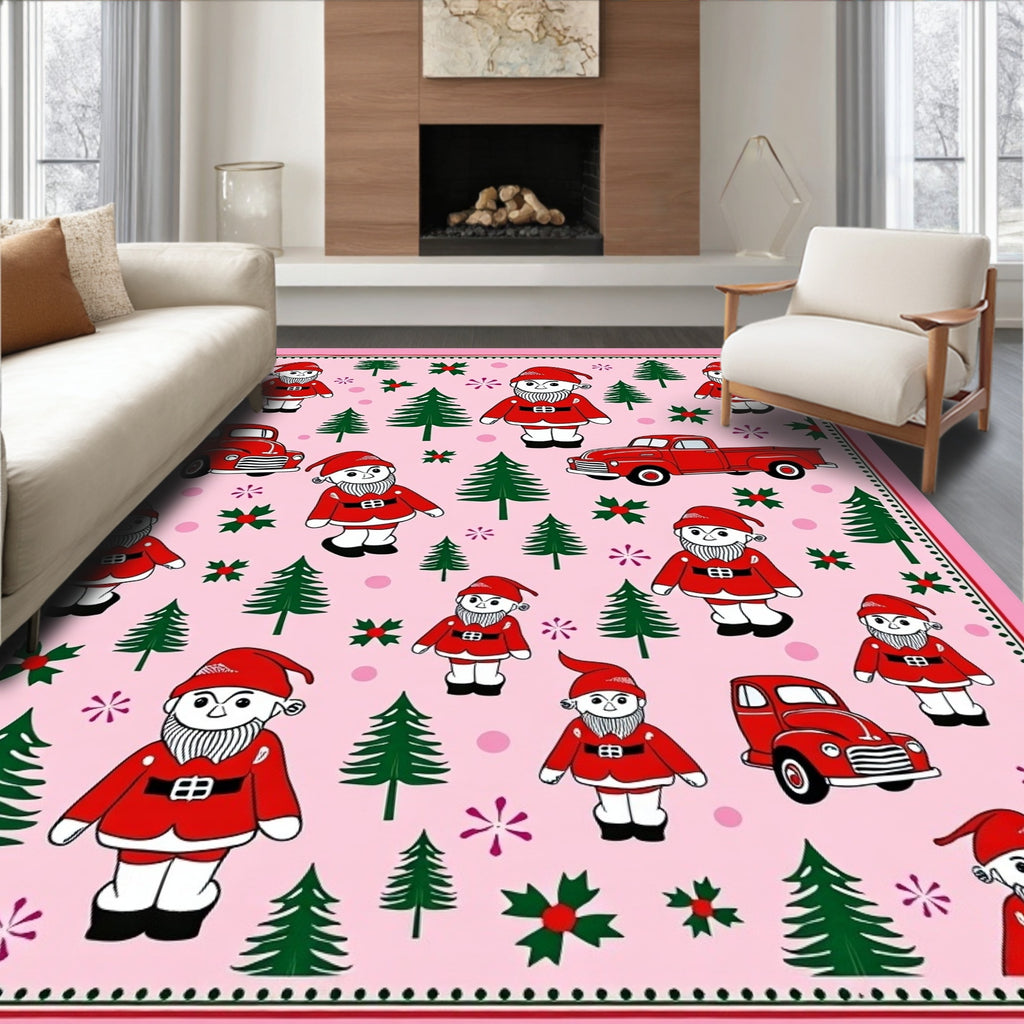 Whimsical Red Gnomes Christmas Trees Trucks Rug