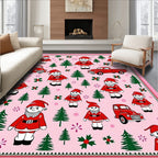Whimsical Red Gnomes Christmas Trees Trucks Rug