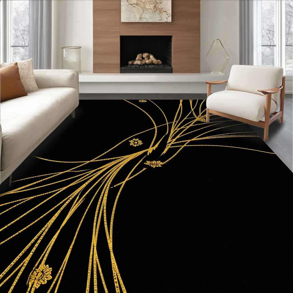 Golden Stylized Floral Branches Rug