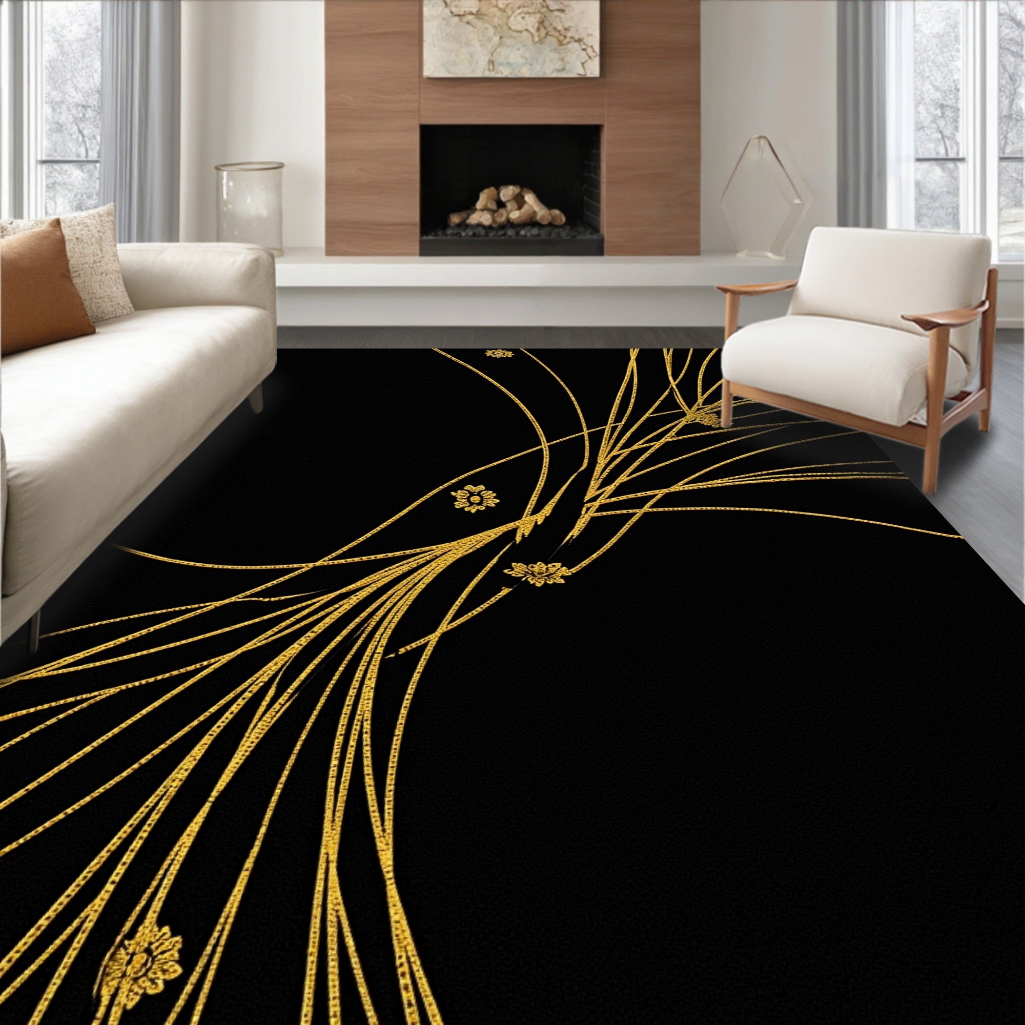 Golden Stylized Floral Branches Rug