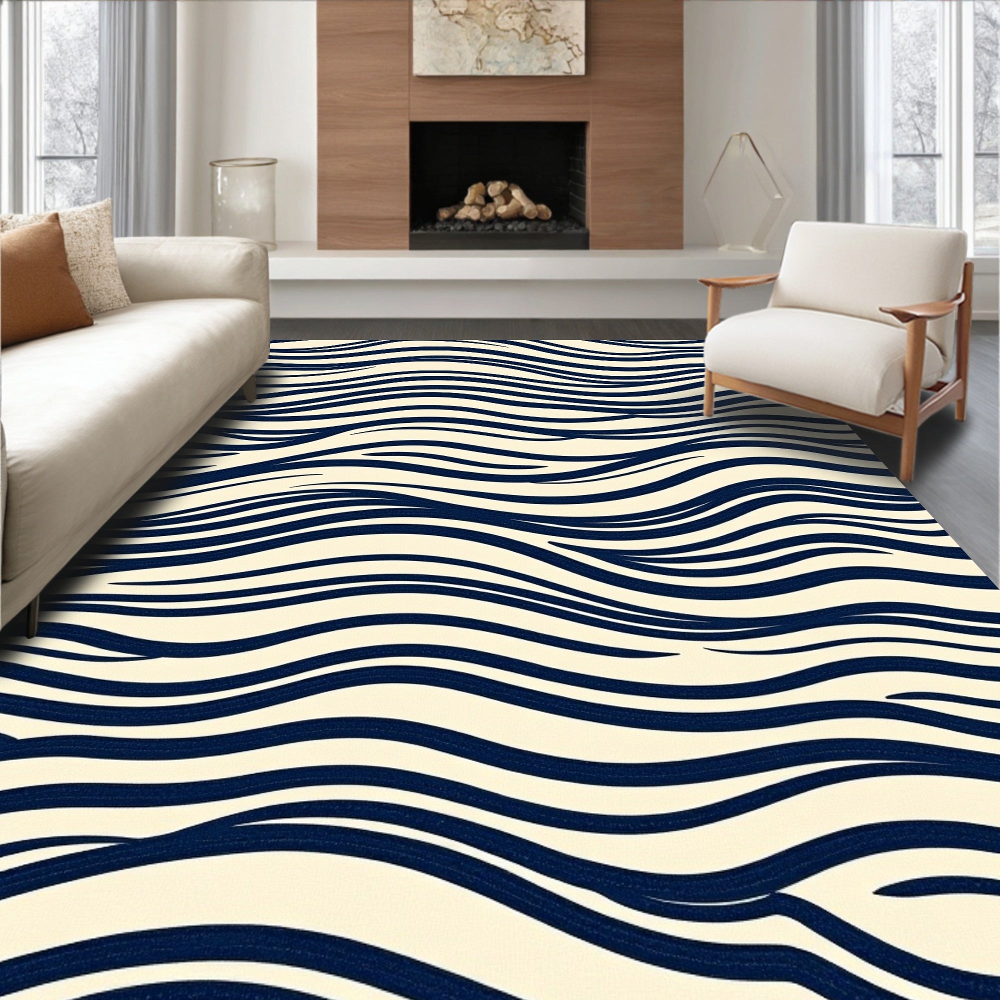 Navy And Cream Wavy Lines Rug