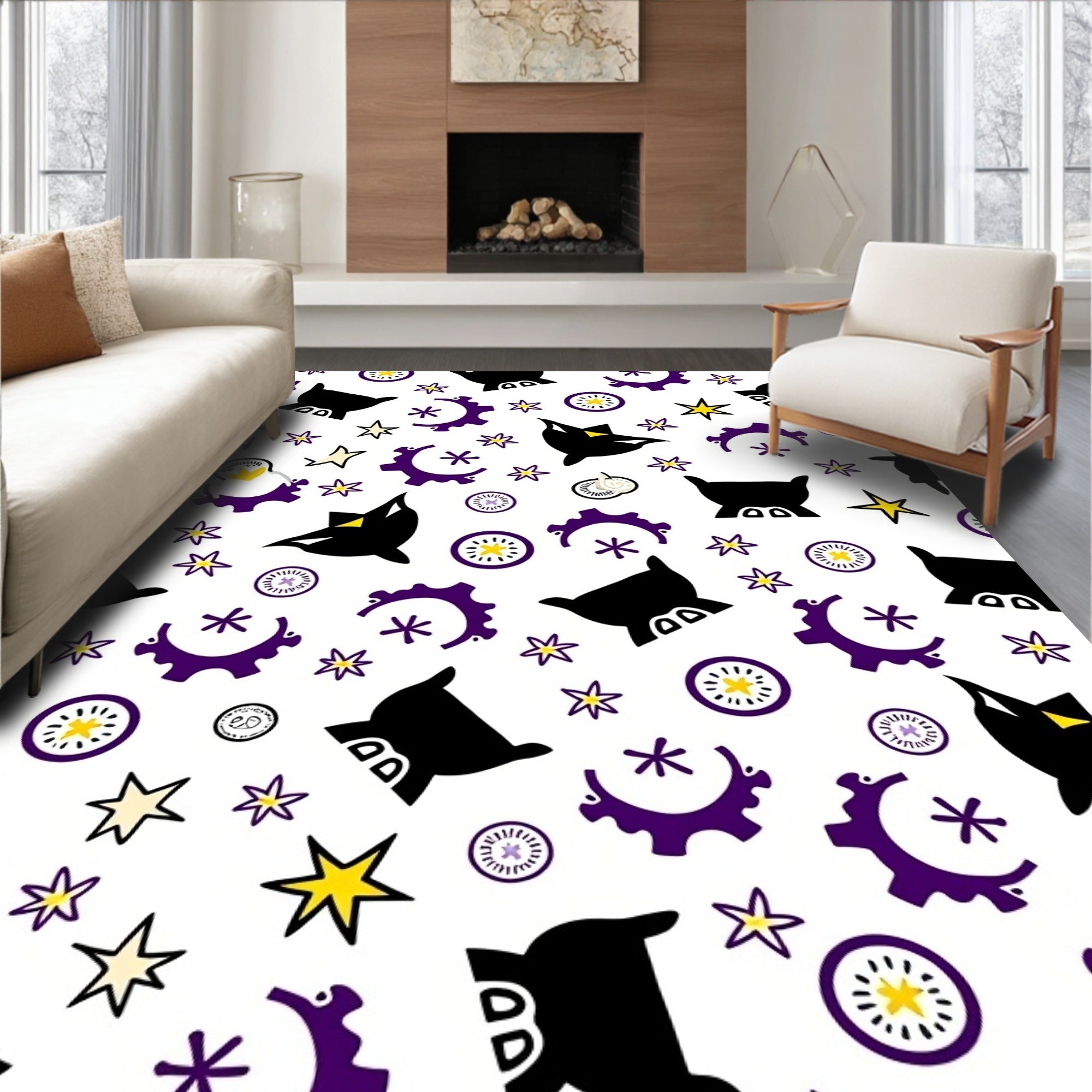 Whimsical Black Purple Star Pattern Rug
