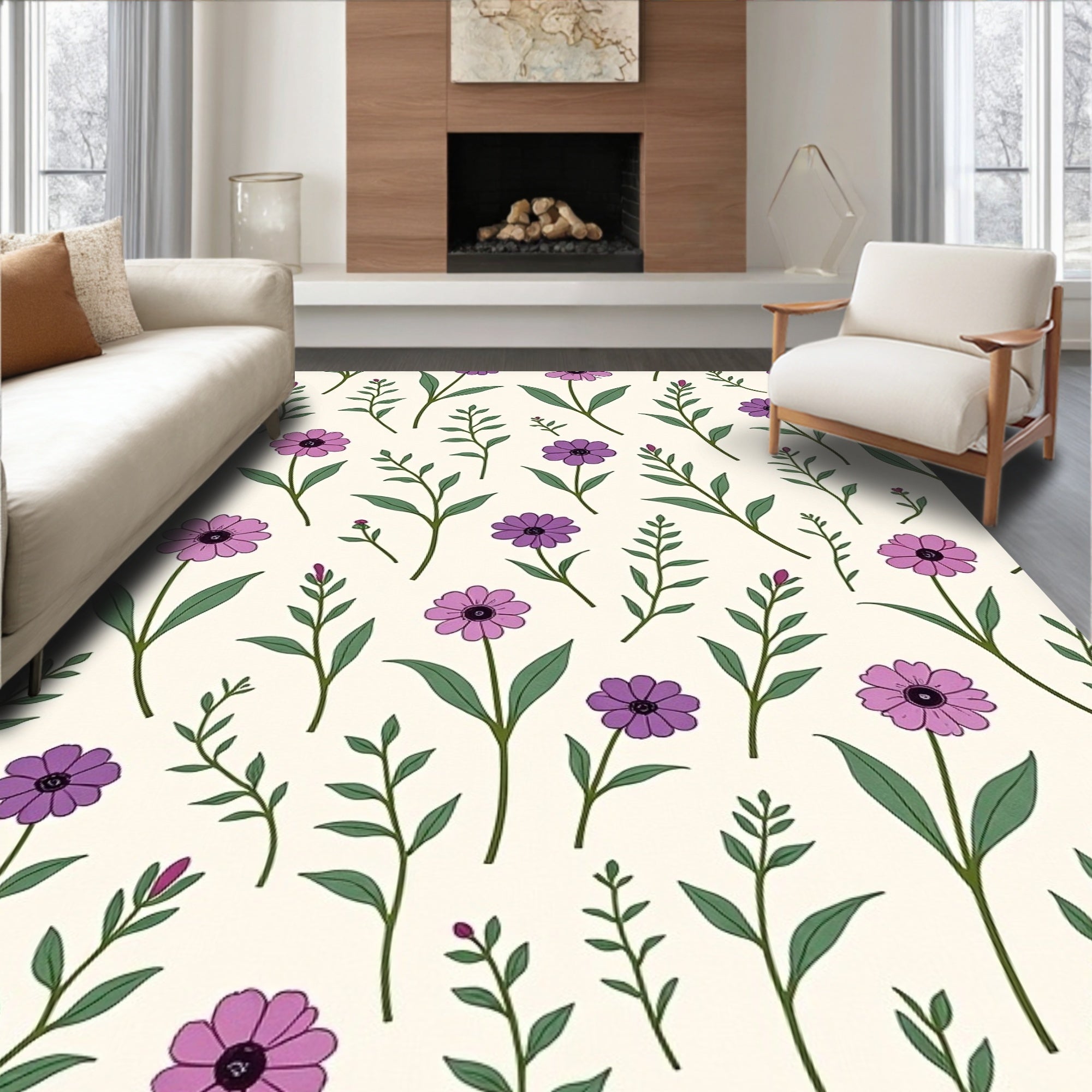 Purple Floral Botanical Art Design Rug