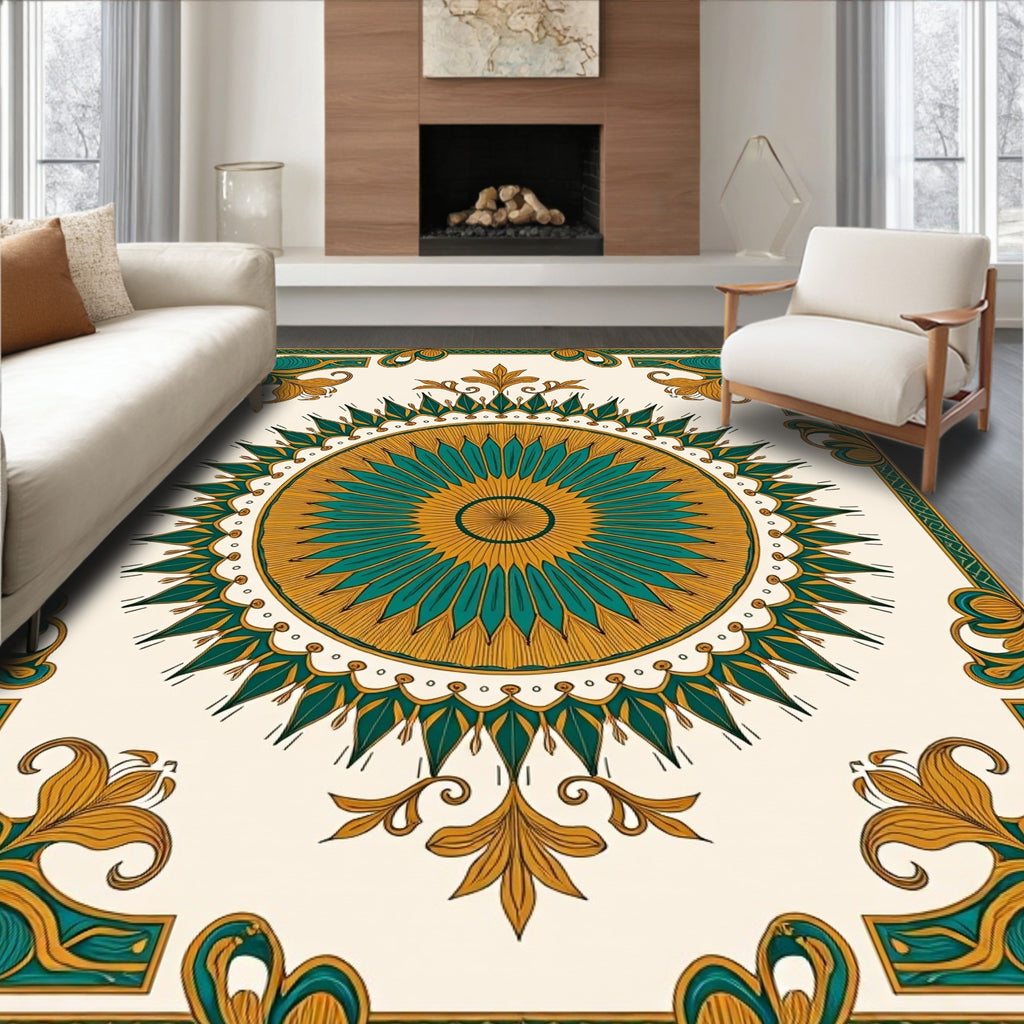 Elegant Teal Gold Mandala Design Rug