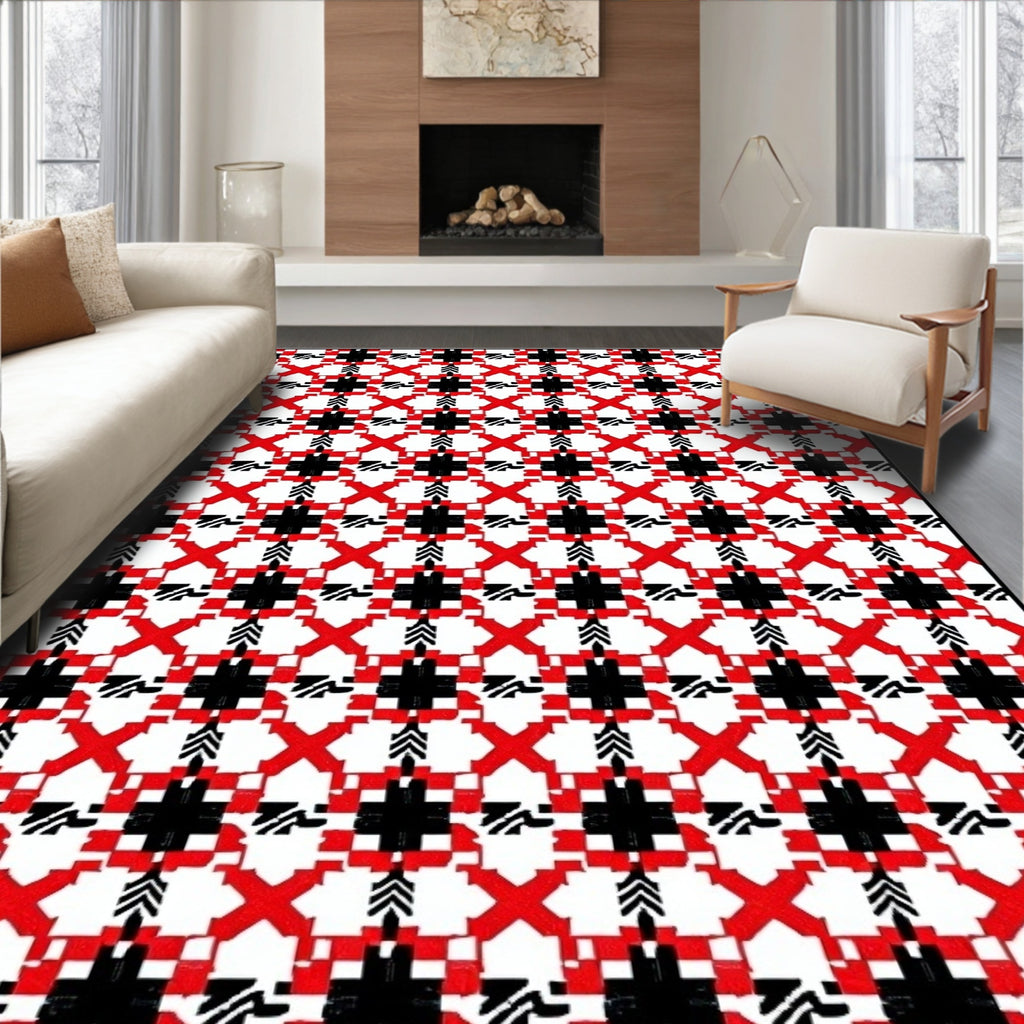 Bold Red Black Geometric Lattice Rug