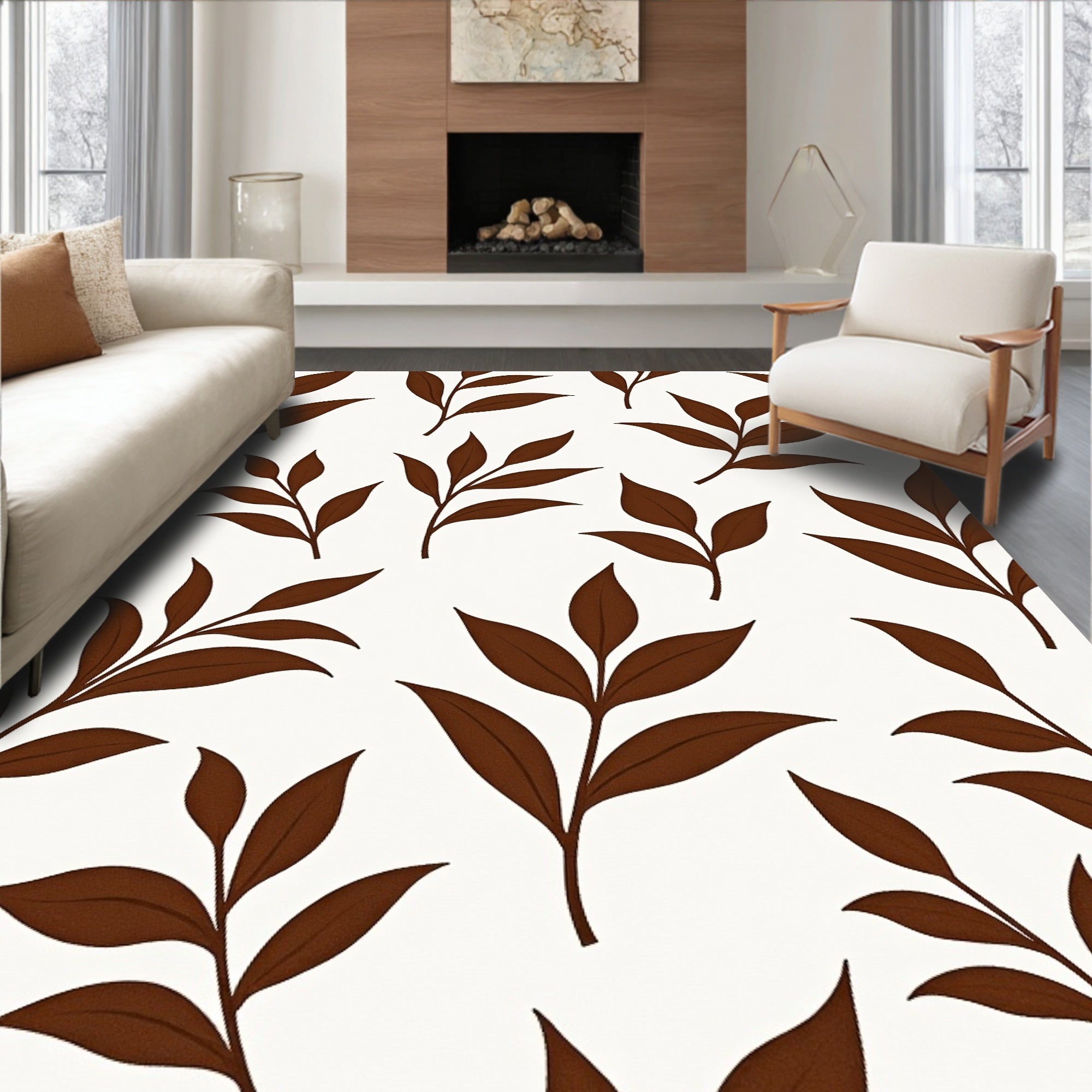 Brown Leafy Branch Pattern Rug