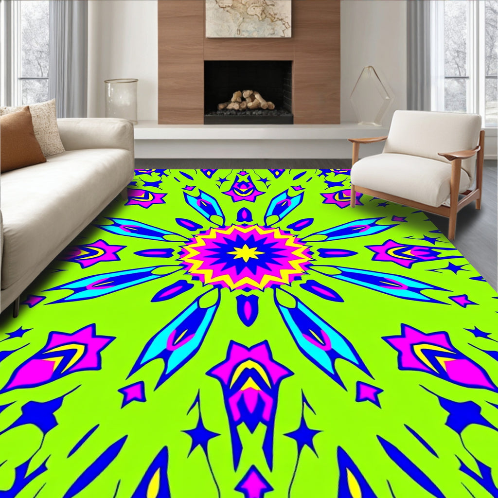 Bold Neon Symmetrical Starburst Design Rug