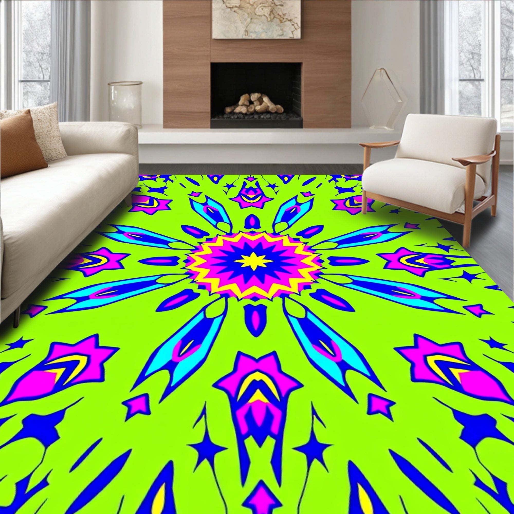 Bold Neon Symmetrical Starburst Design Rug