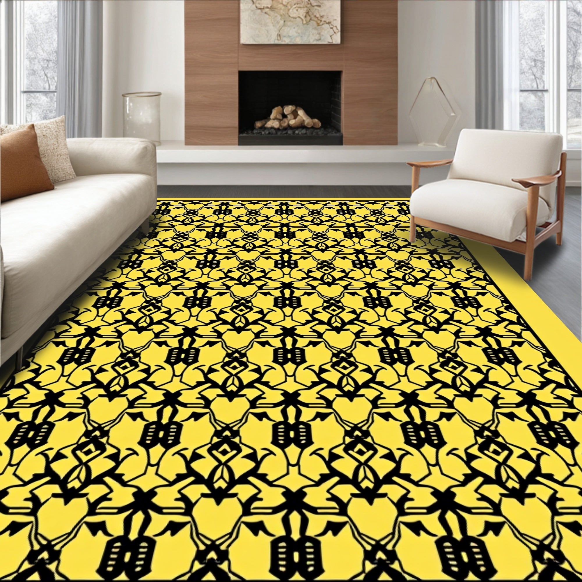 Intricate Black And Yellow Geometric Pattern Rug