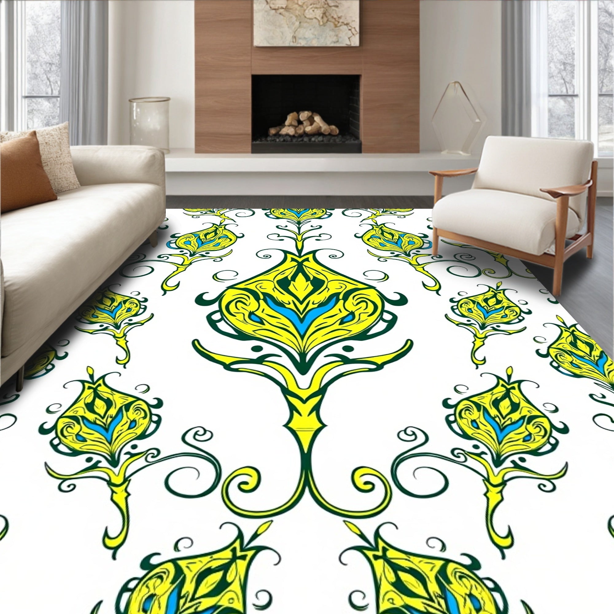 Vibrant Yellow Blue floral pattern Rug