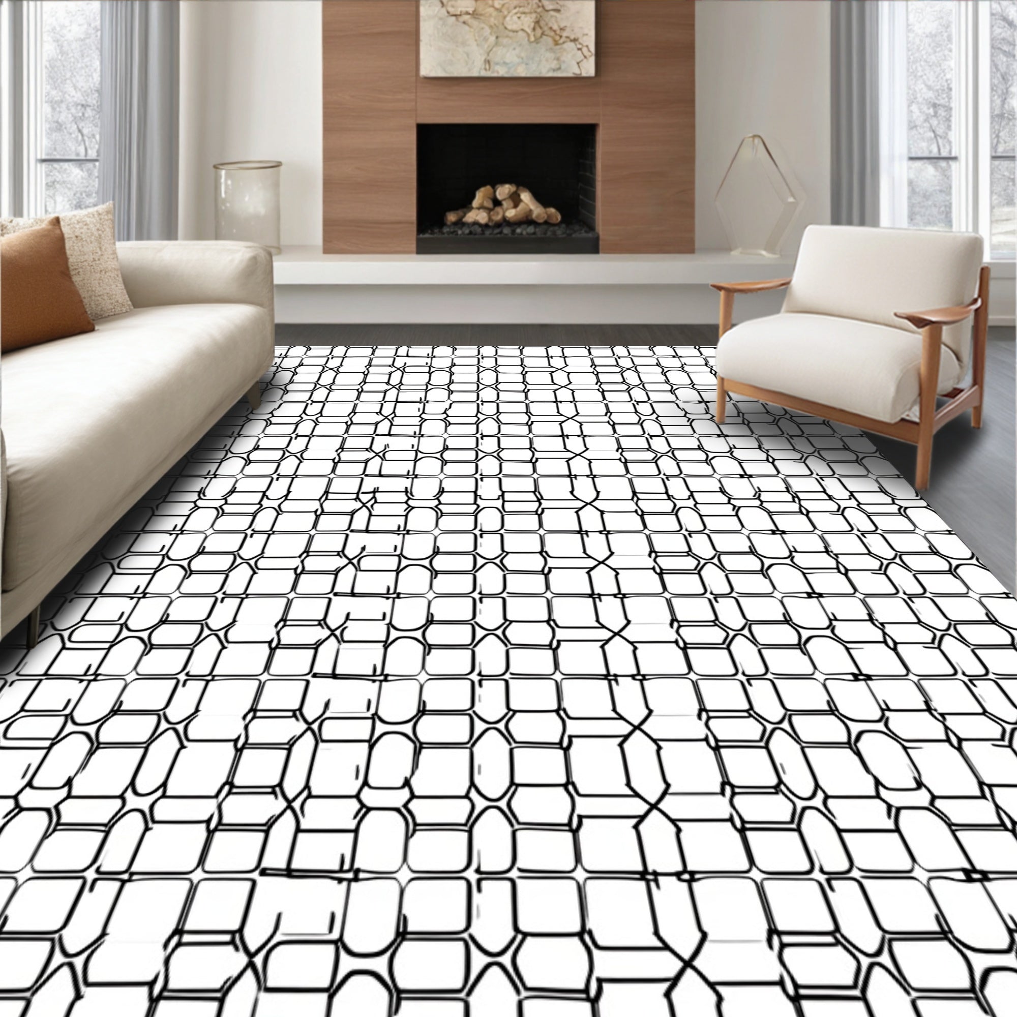 Abstract Black White Geometric Net Rug