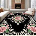 Pink Floral Black Border Art Rug