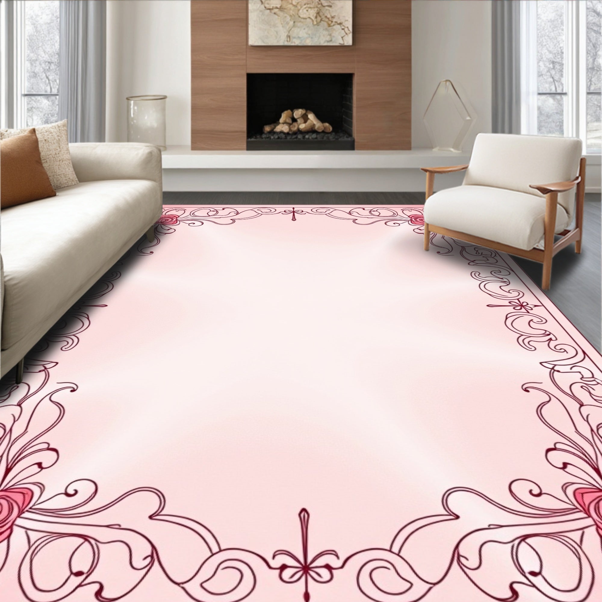Ornate Pink Rose Floral Frame Rug