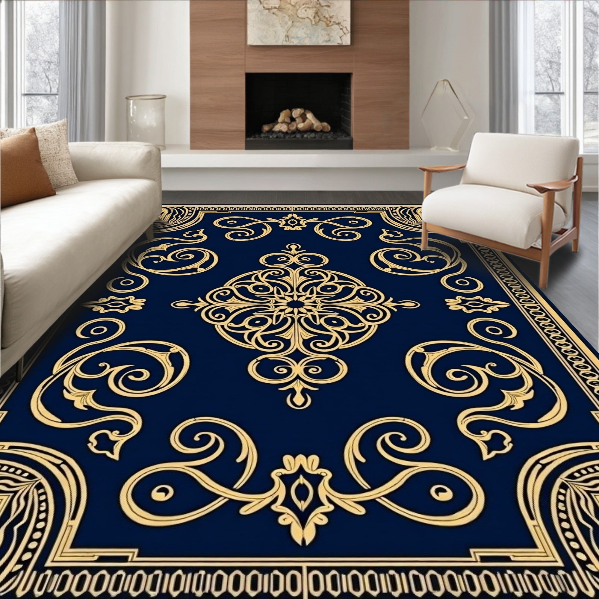 Opulent Gold Arabesque Navy Rug