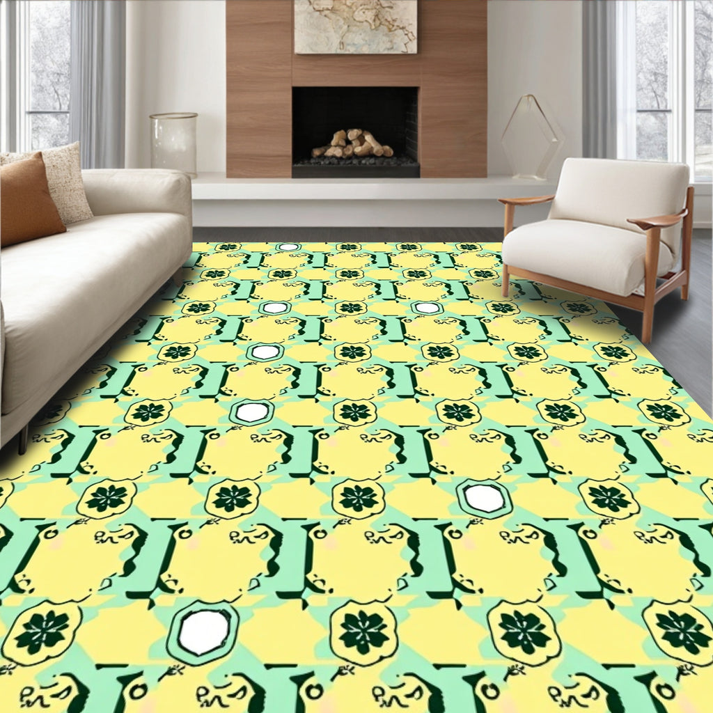Quirky Floral Emblem Teal and Yellow Pattern Rug