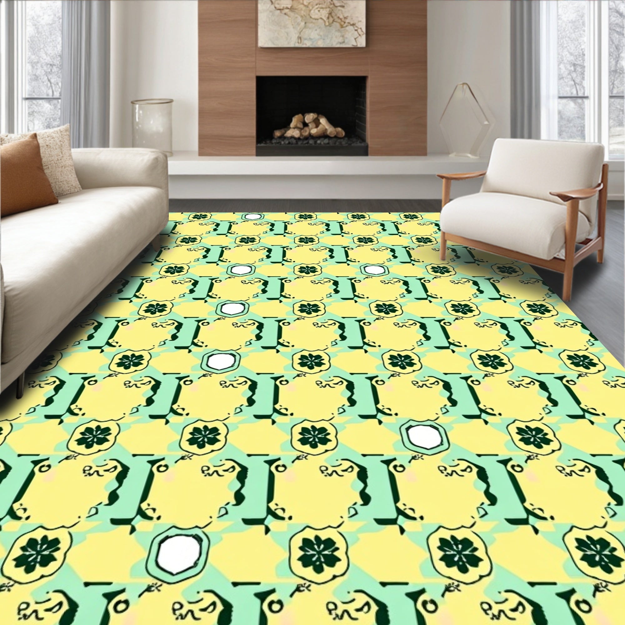 Quirky Floral Emblem Teal and Yellow Pattern Rug