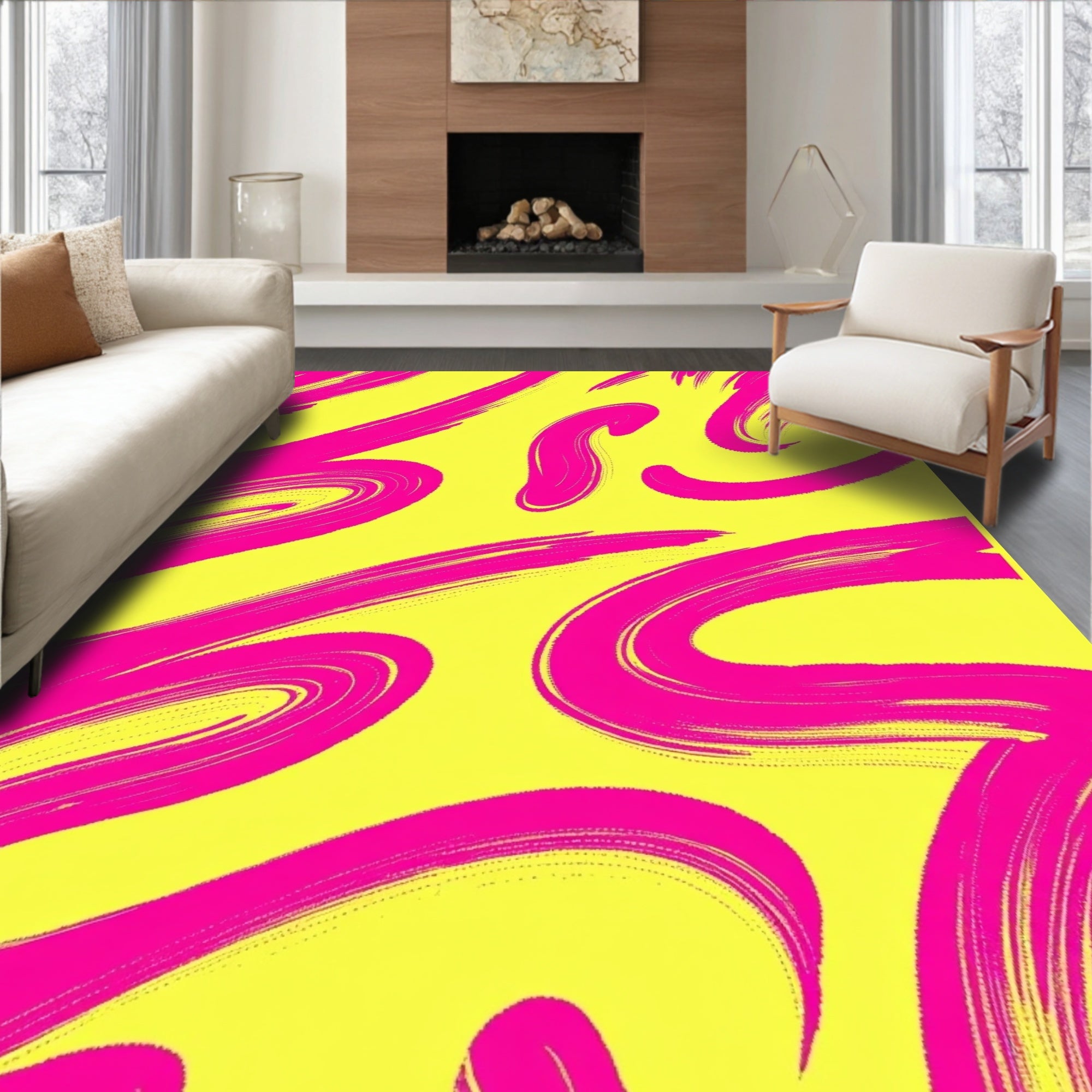 Vibrant Pink Brushstrokes Yellow Pattern Rug