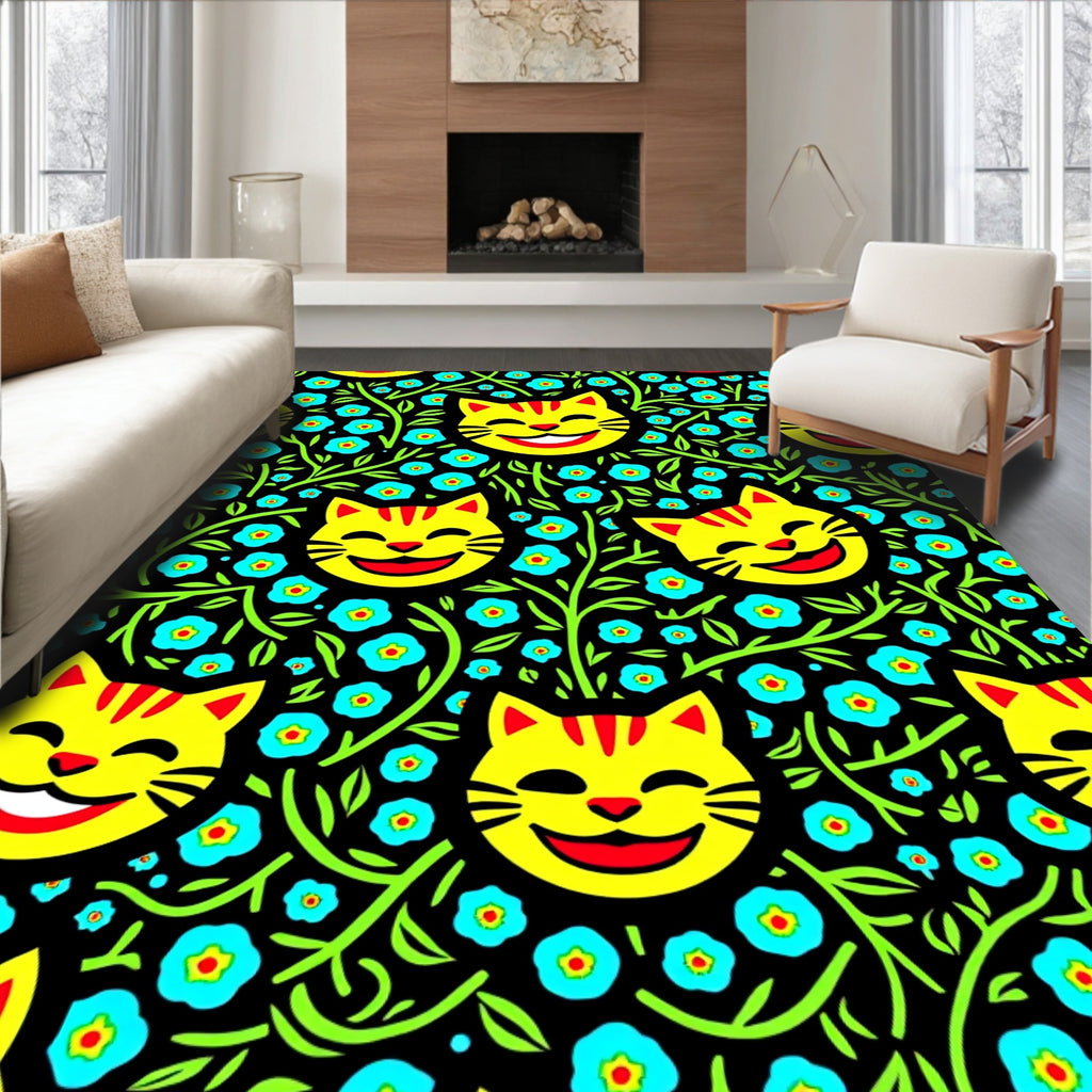 Whimsical Yellow Cat Floral Print Rug