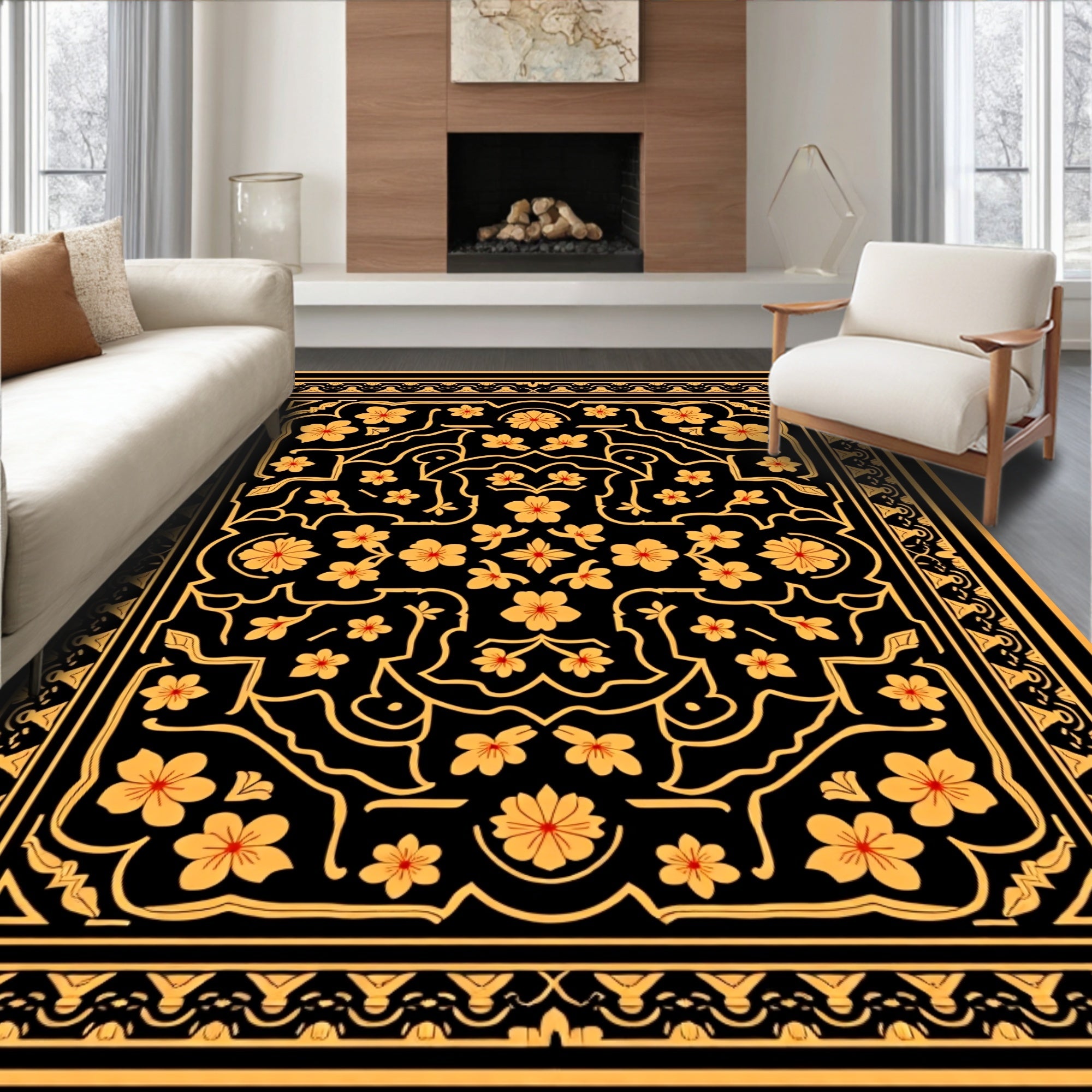 Artistic Black Gold Floral Medallion Rug