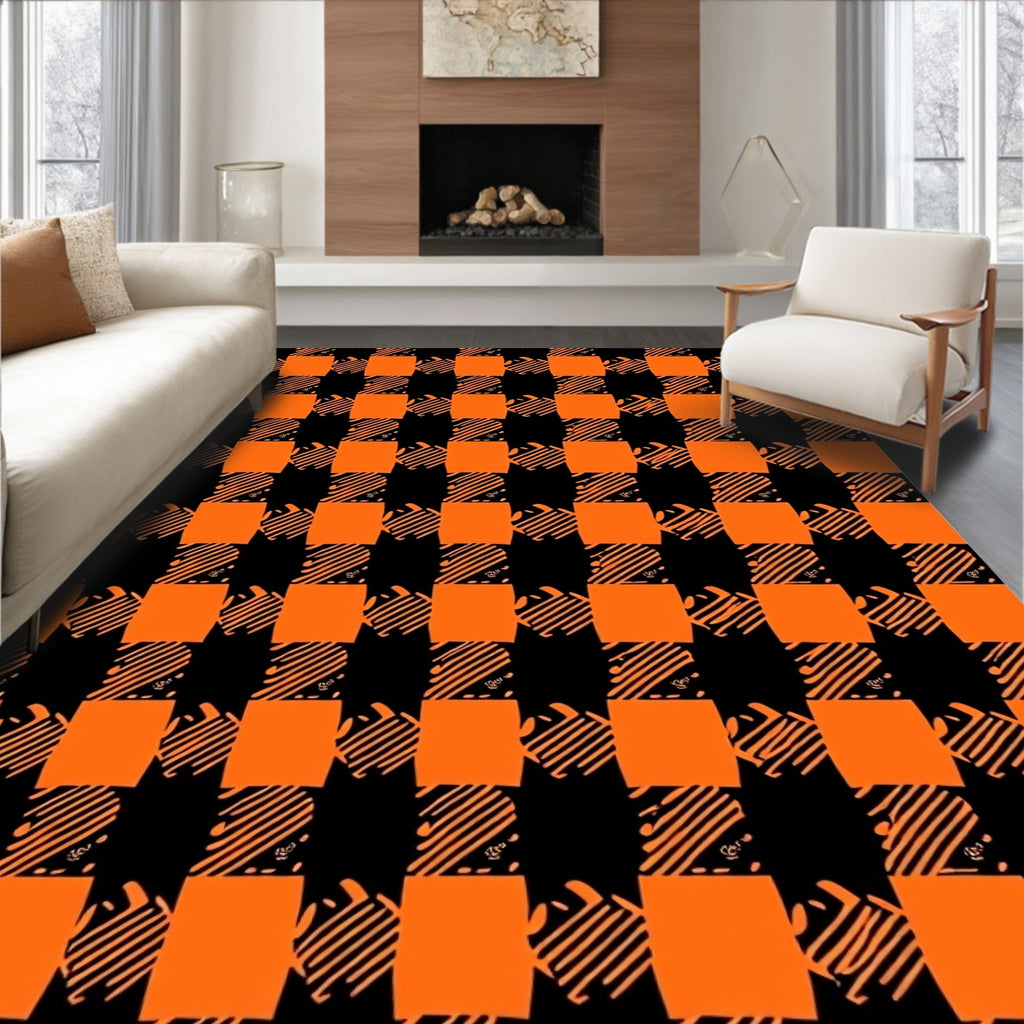 Bold Orange Black Checkered Pattern Rug