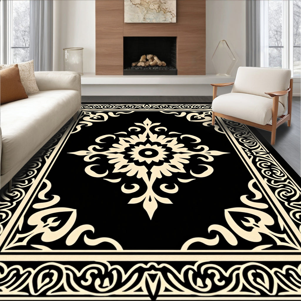 Ornate Black and Cream Floral Medallion Rug
