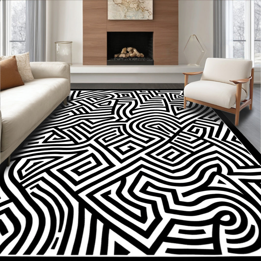 Black White Abstract Maze Pattern Rug