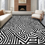 Black White Abstract Maze Pattern Rug