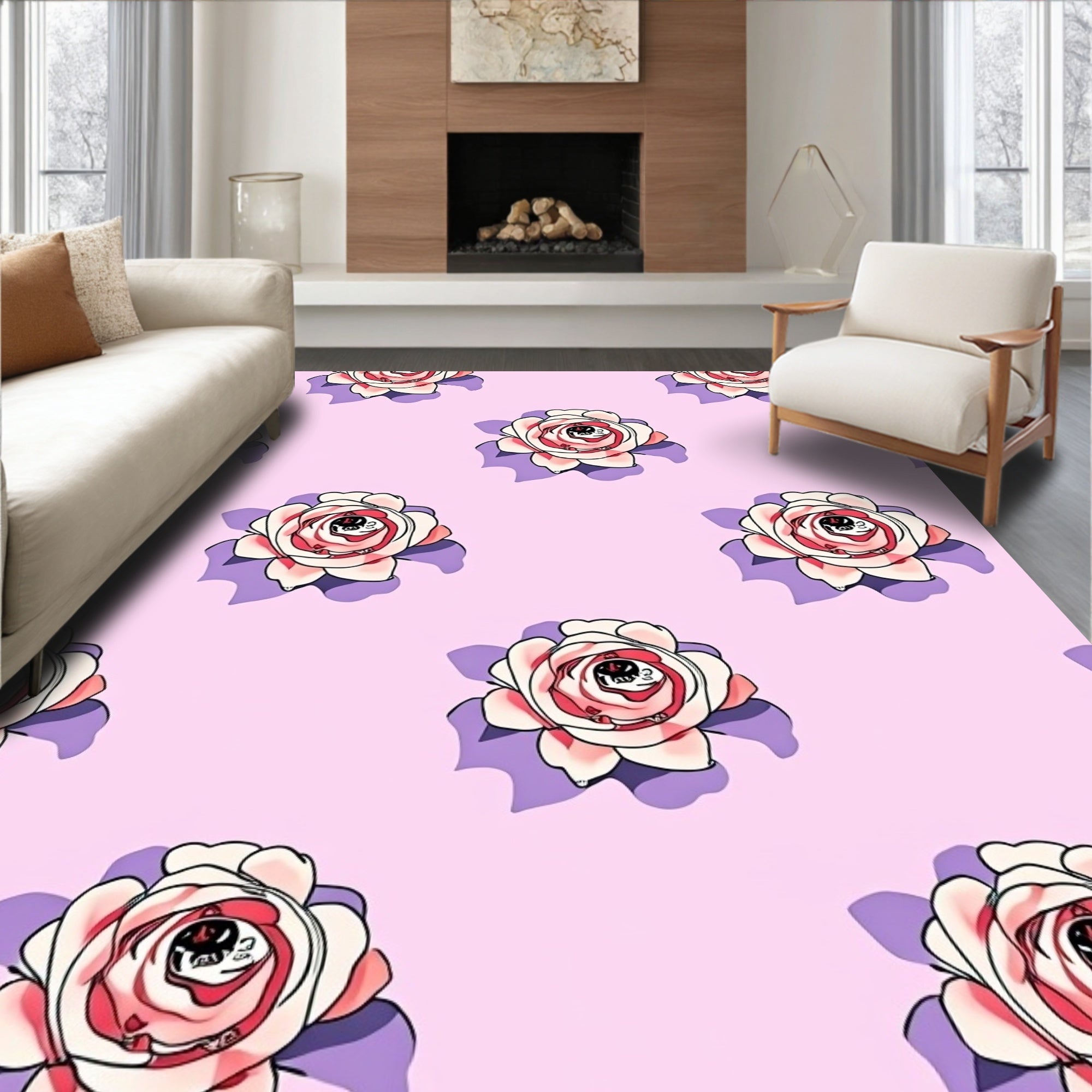 Whimsical Rose Pattern With Skull Eyes Rug