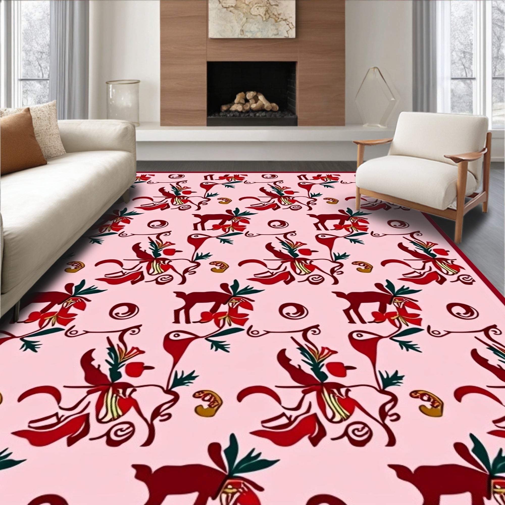 Whimsical Red Deer Floral Garden Rug