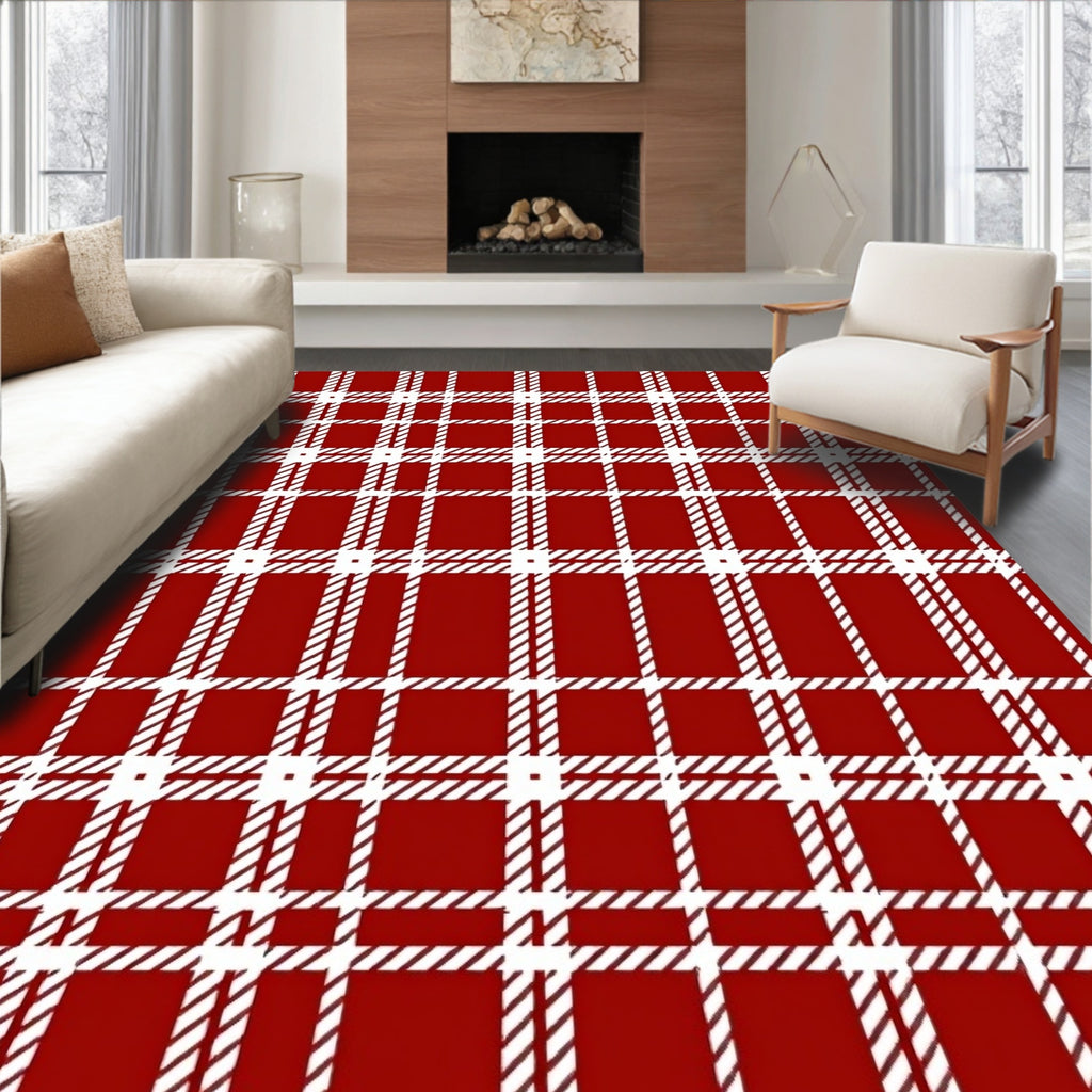 Classic Red White Plaid Pattern Rug