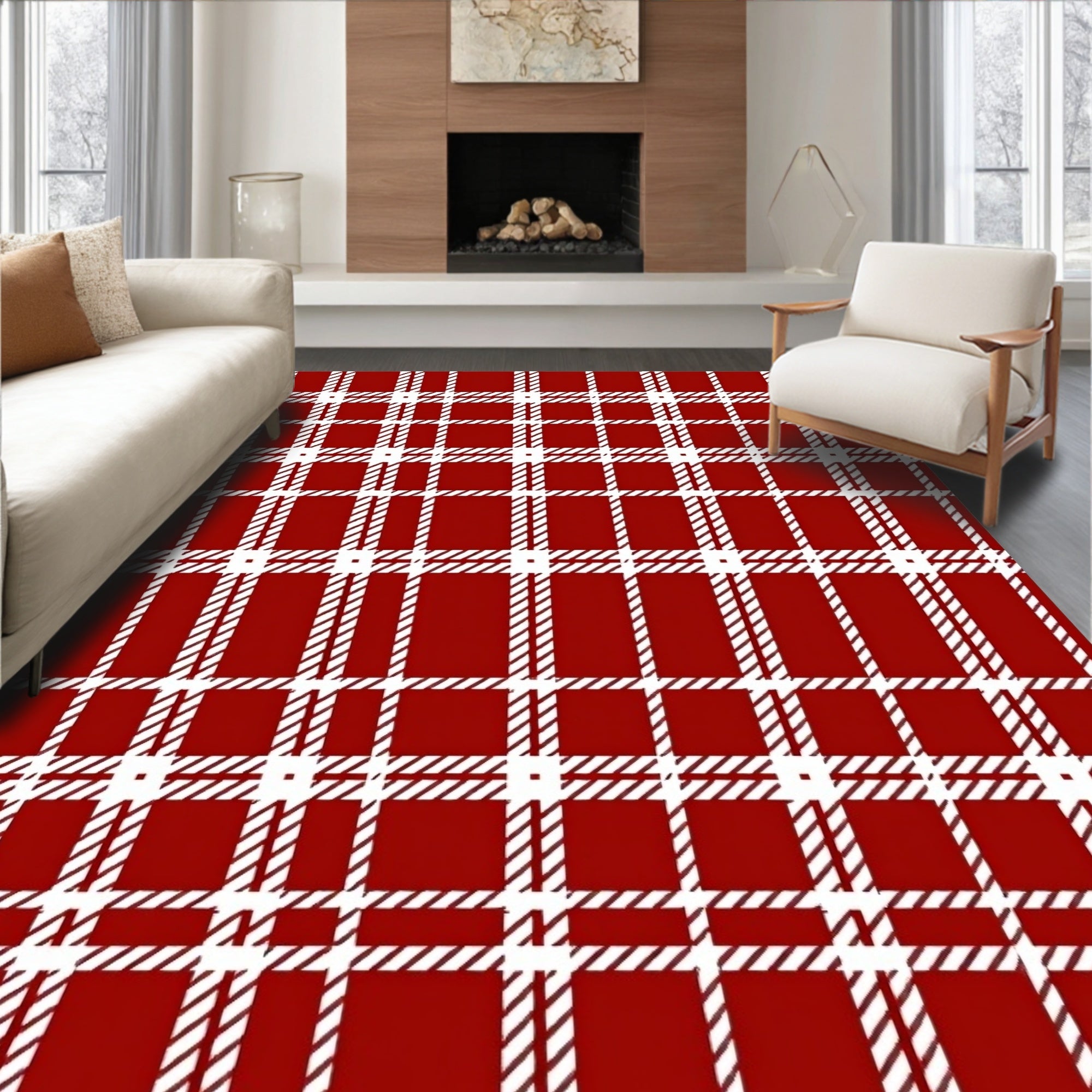 Classic Red White Plaid Pattern Rug