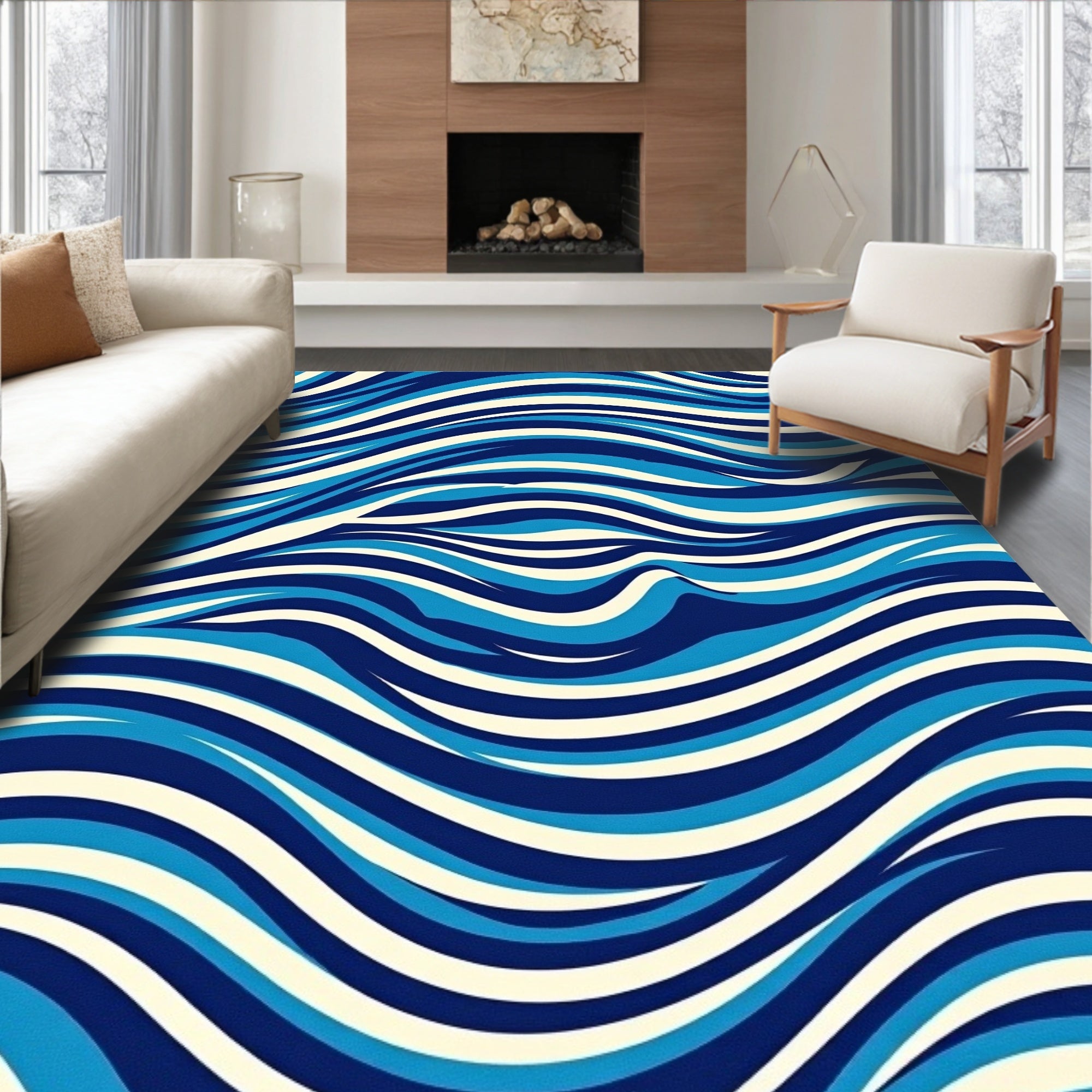 Blue Cream Interlocking Wave Pattern Rug