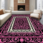 Pink Black Floral Medallion Frame Rug