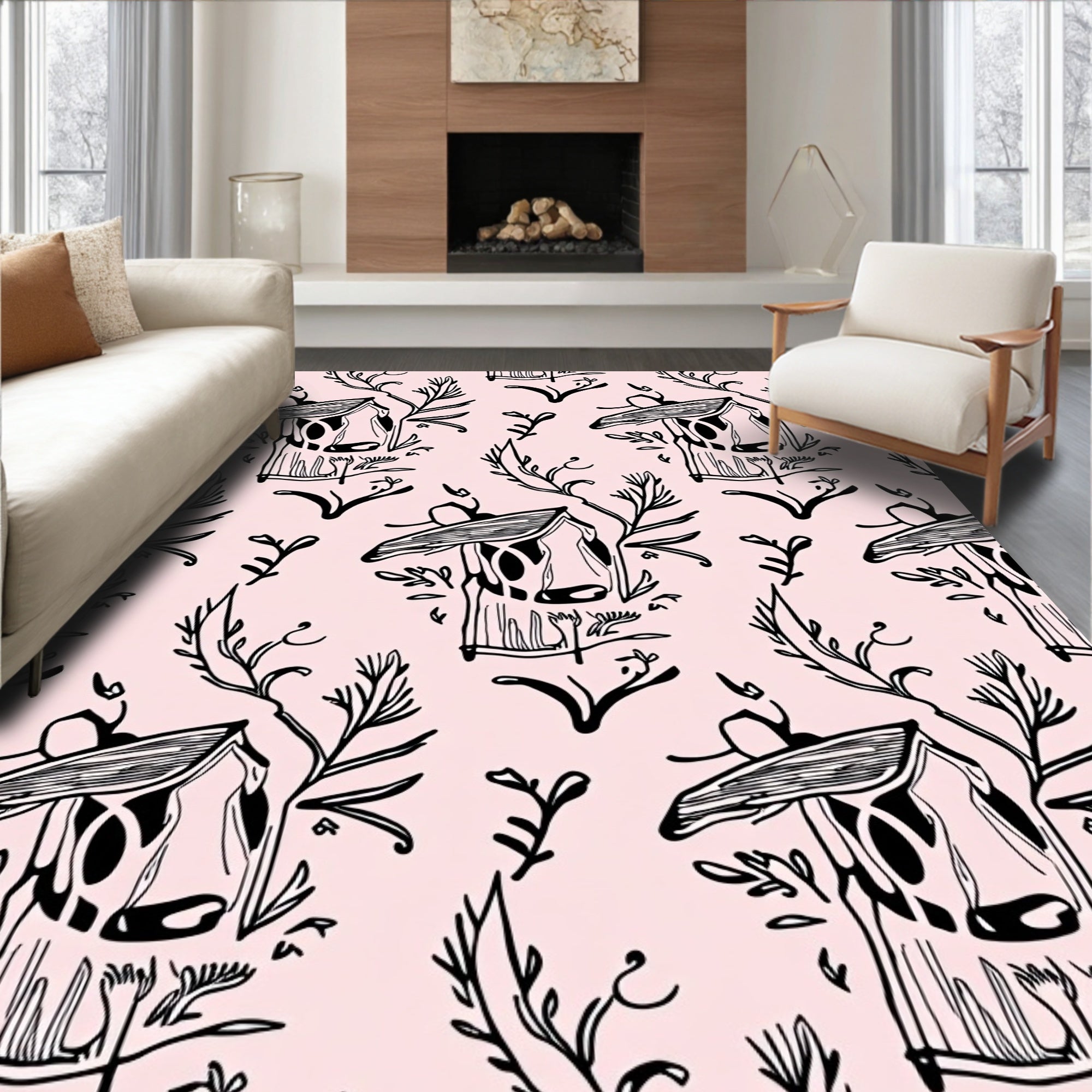 Hand-Drawn Whimsical Birdhouse Botanical Pattern Rug