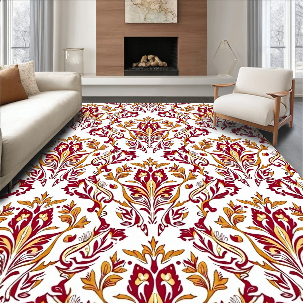 Rich Red Gold Floral Pattern Rug