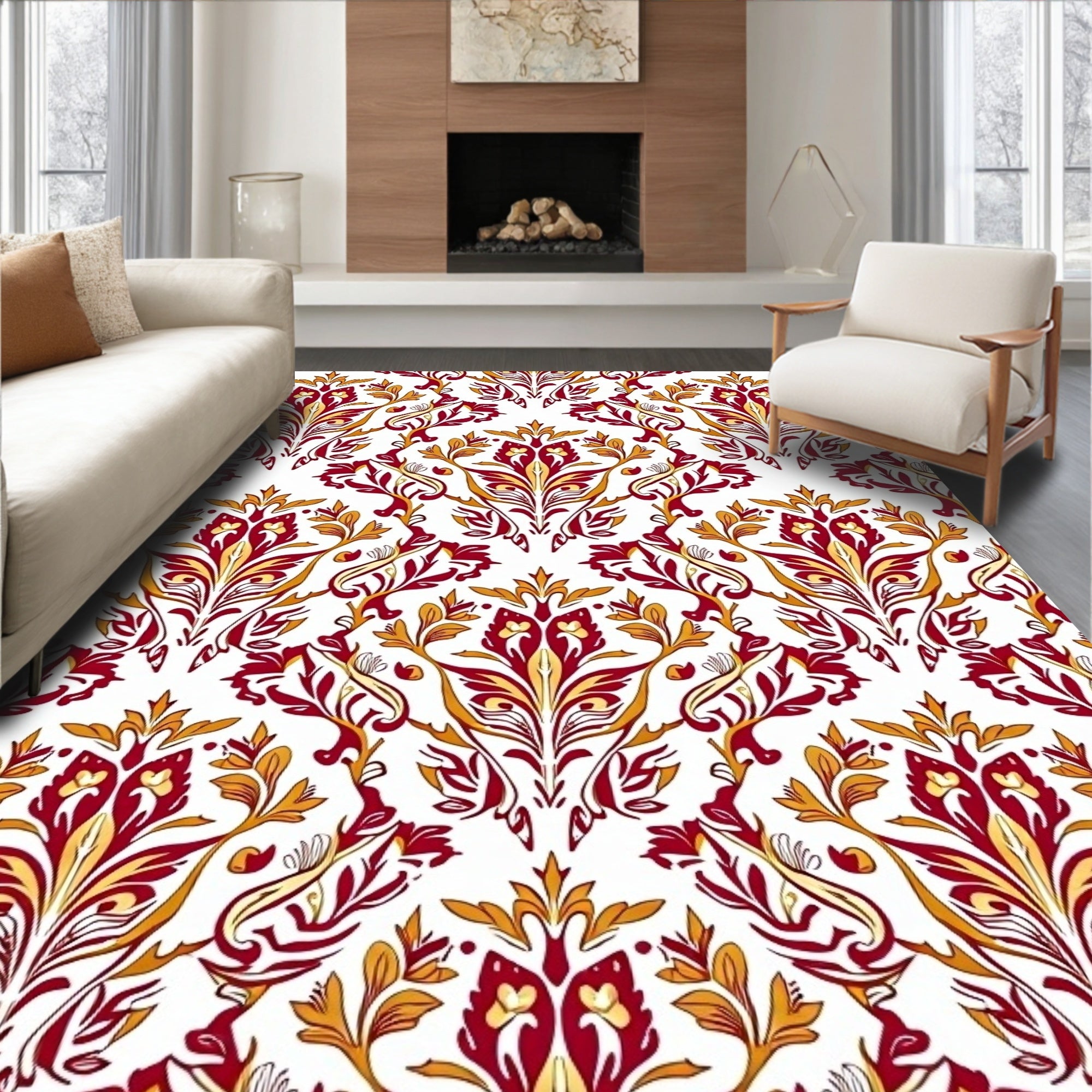 Rich Red Gold Floral Pattern Rug