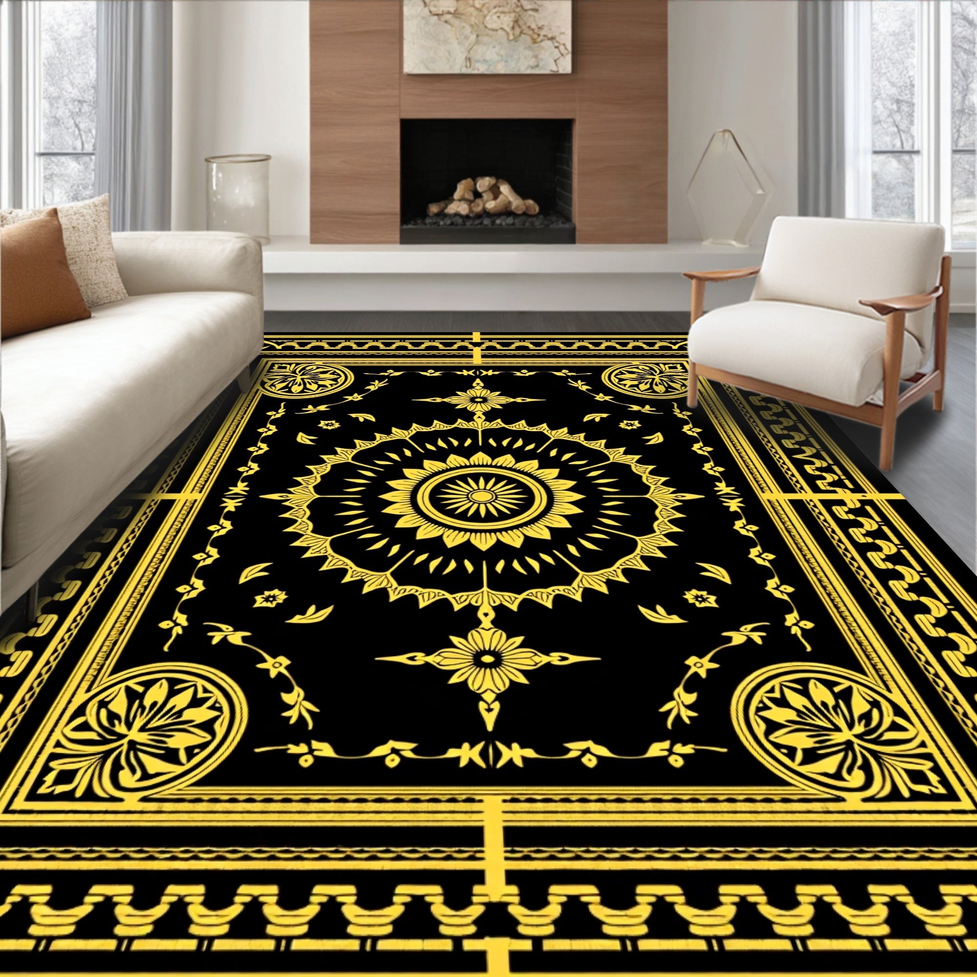 Ornate Sunburst Golden Pattern Rug