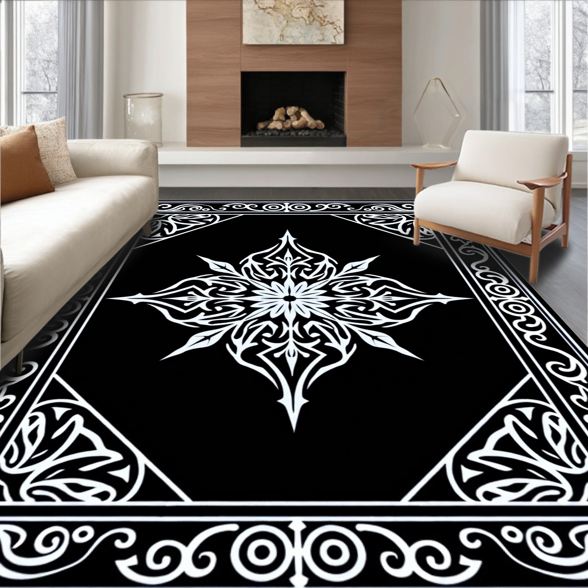 Black White Gothic Floral Star Design Rug