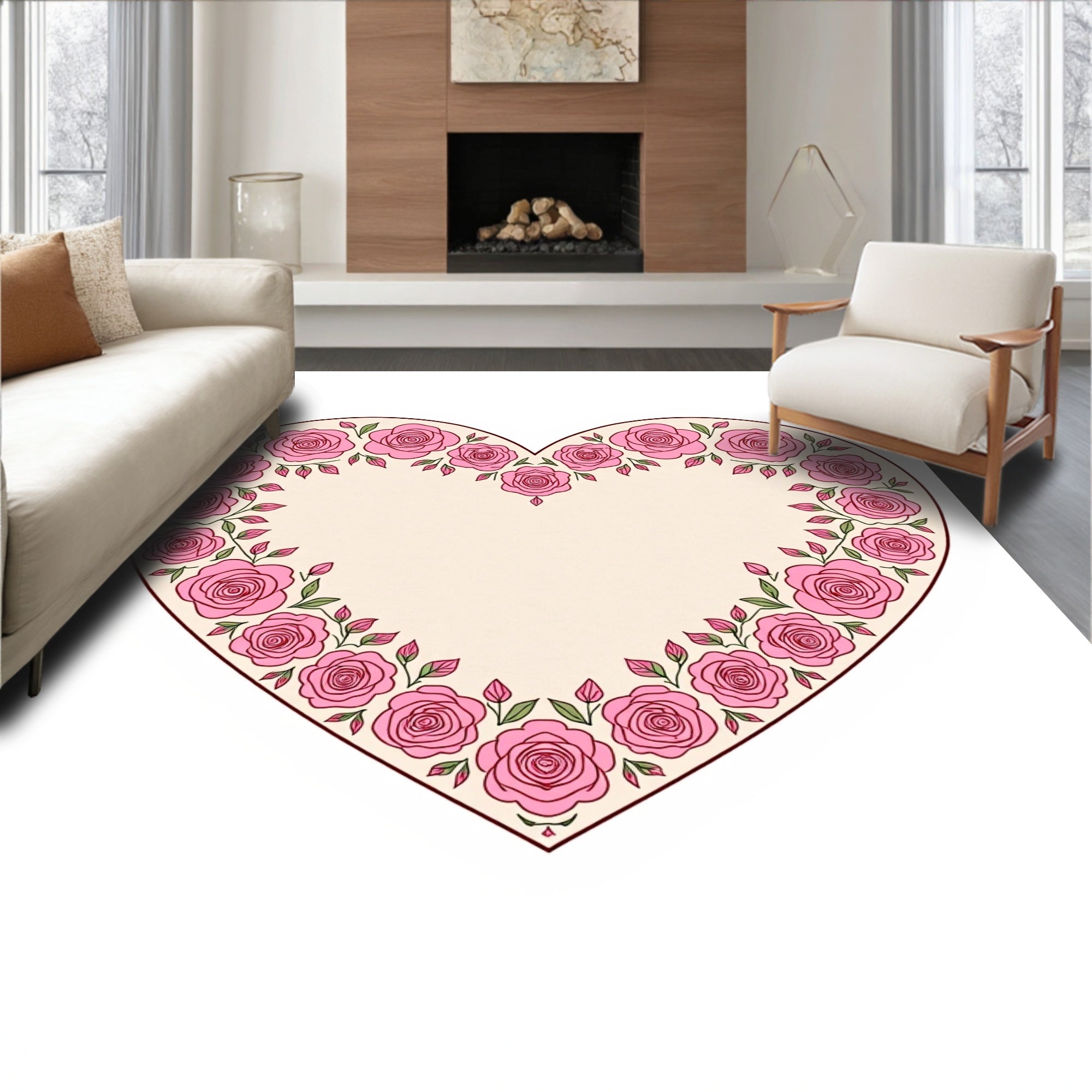 Pink Rose Heart Border Design Rug