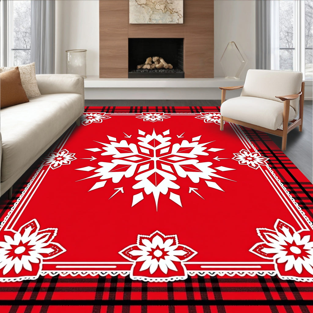Red Plaid Snowflake Floral Design Rug