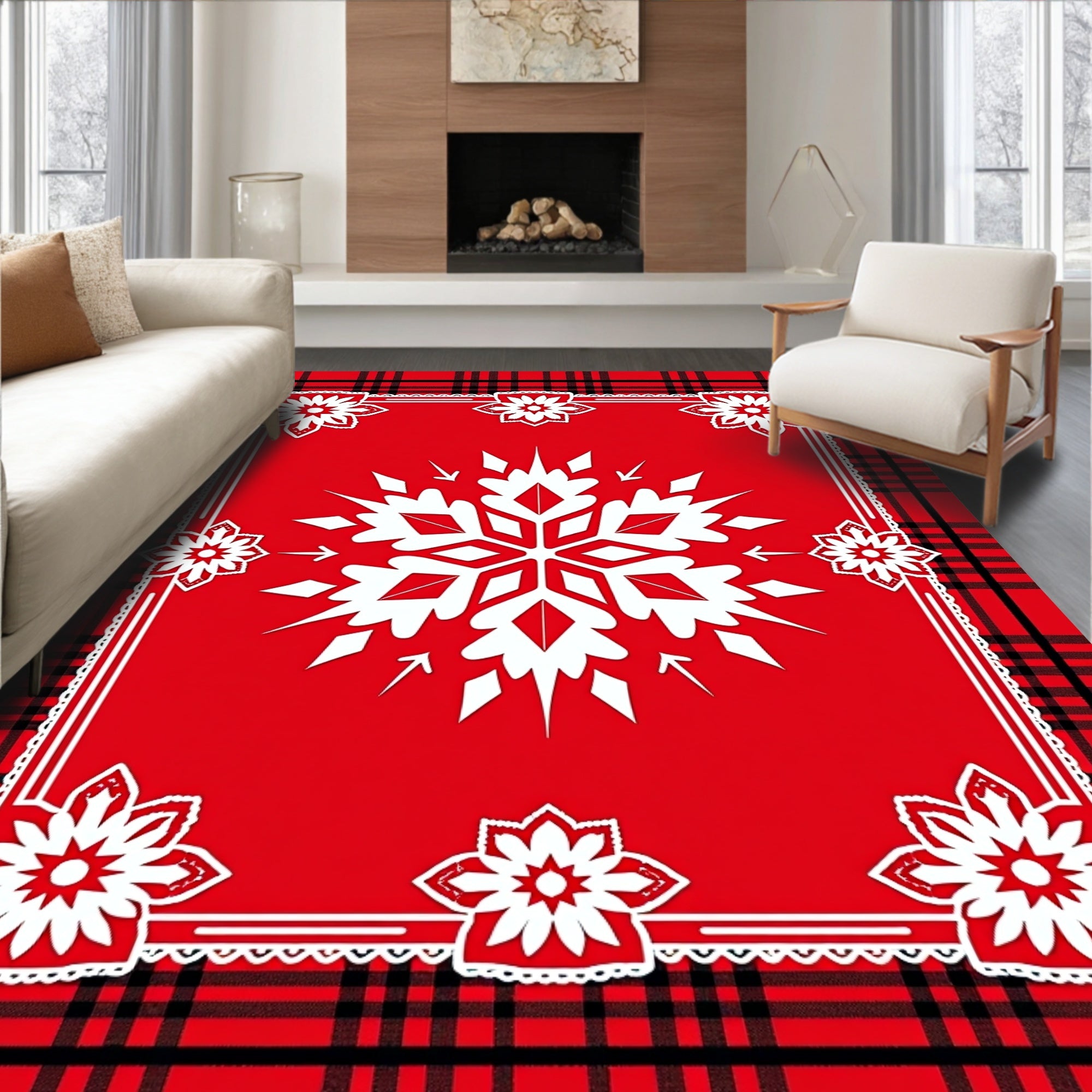 Red Plaid Snowflake Floral Design Rug