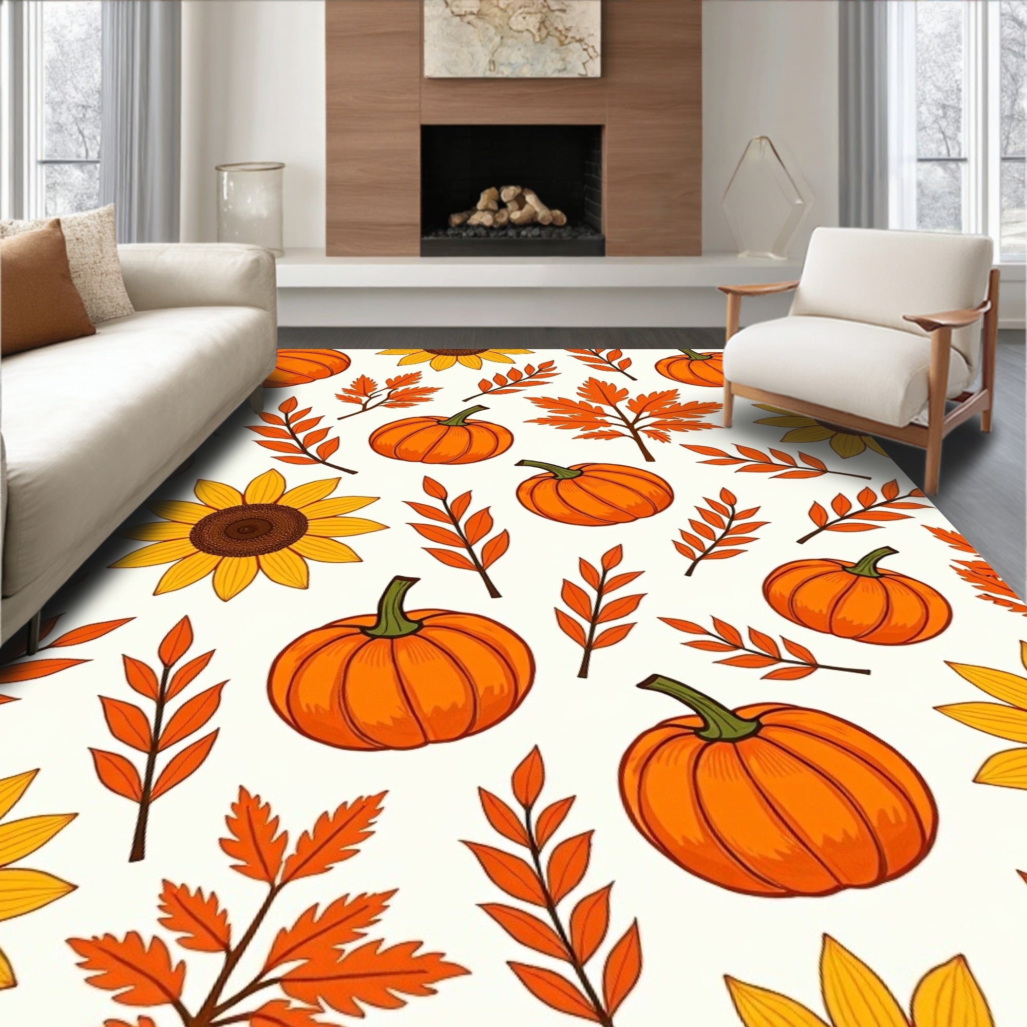 Whimsical Pumpkin Sunflower Leaf Print Rug