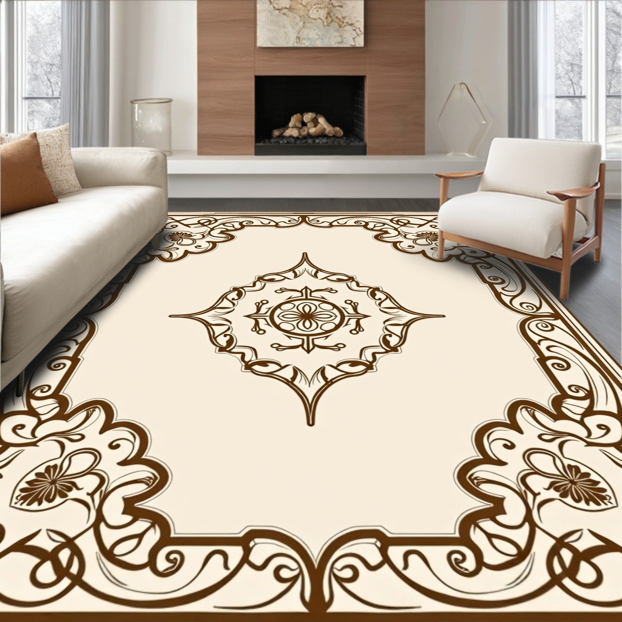 Elegant Brown Floral Scrollwork Rug