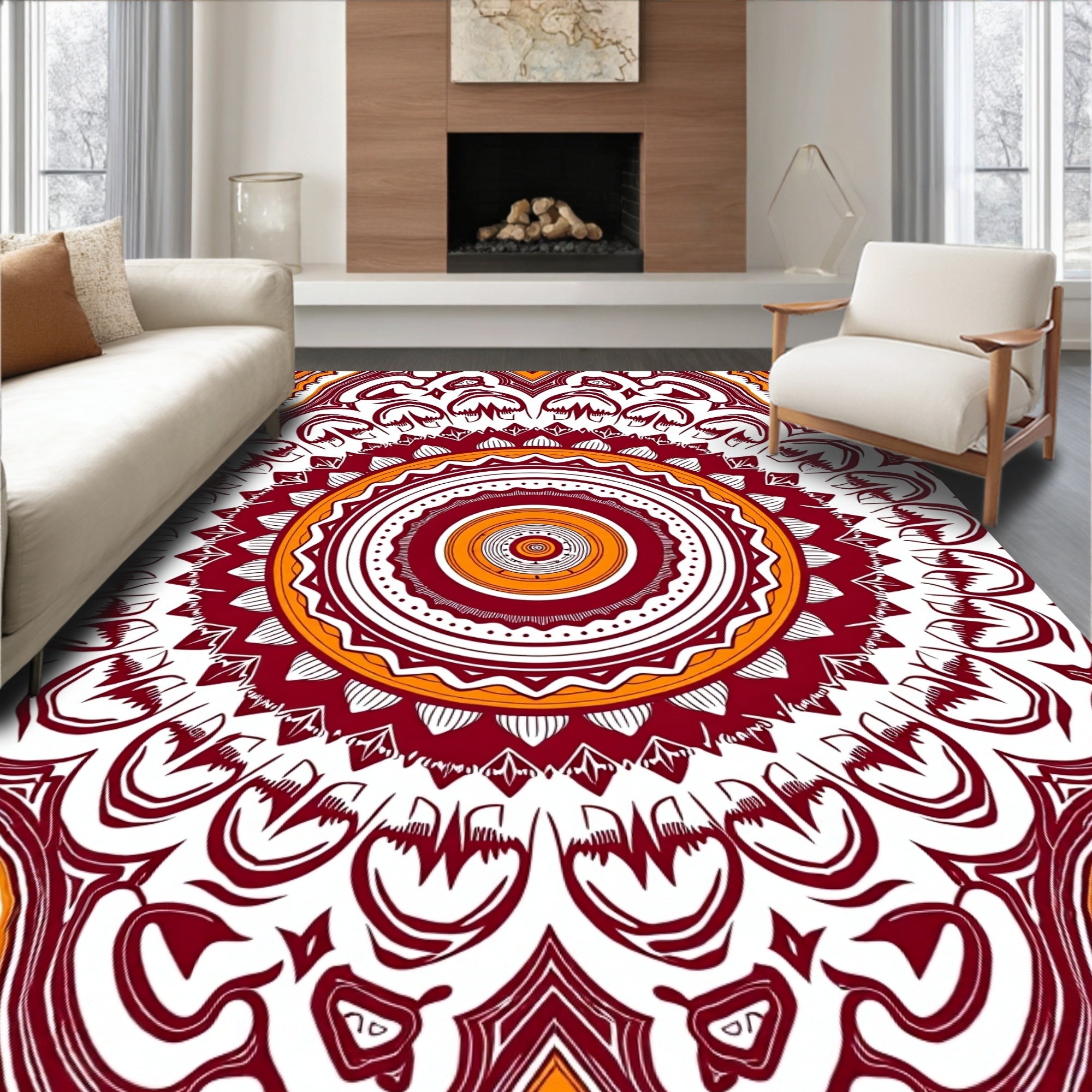 Maroon Orange Intricate Mandala Pattern Rug