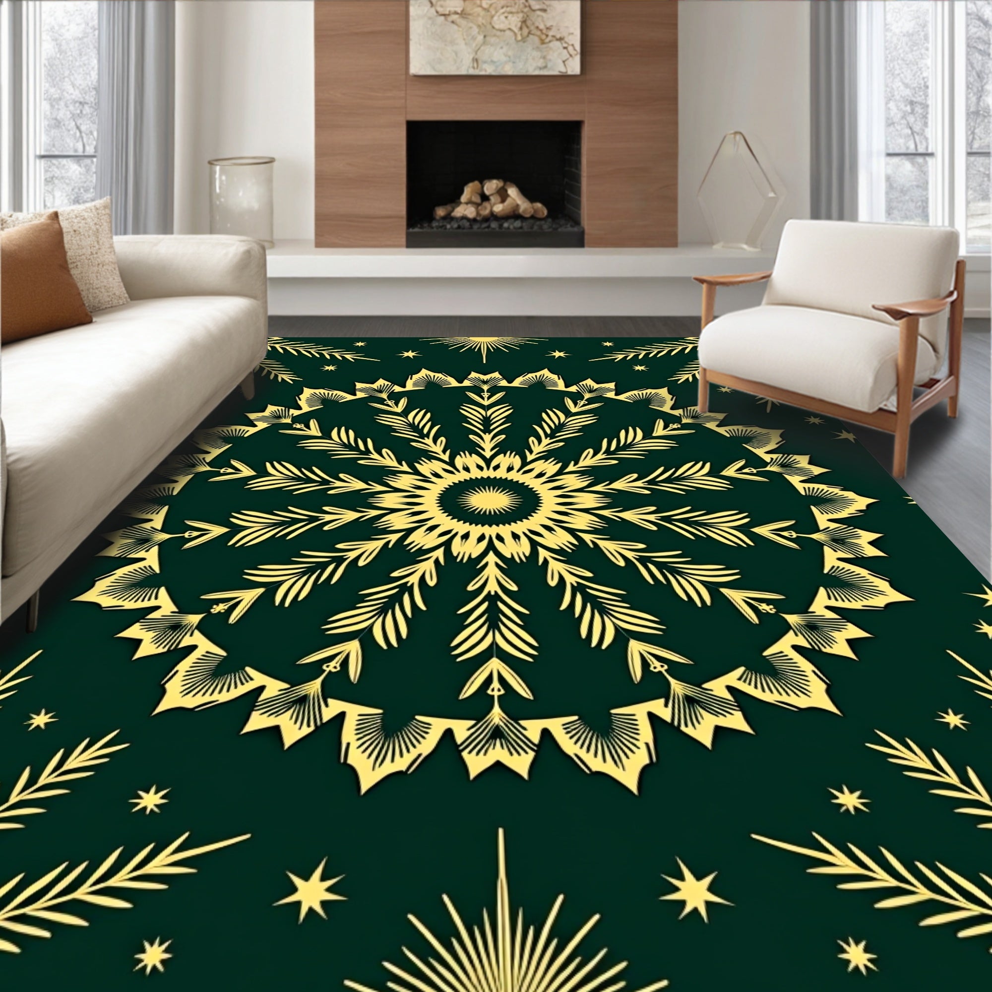 Golden Sunburst Mandala Botanical Pattern Rug