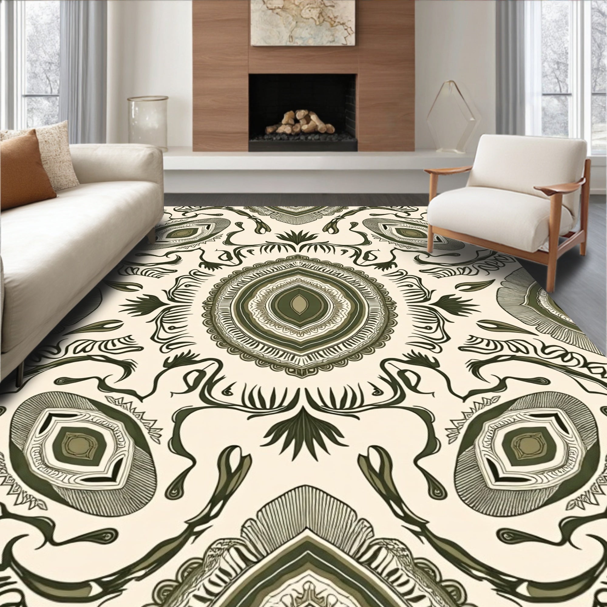 Olive Green Intricate Mandala Pattern Rug