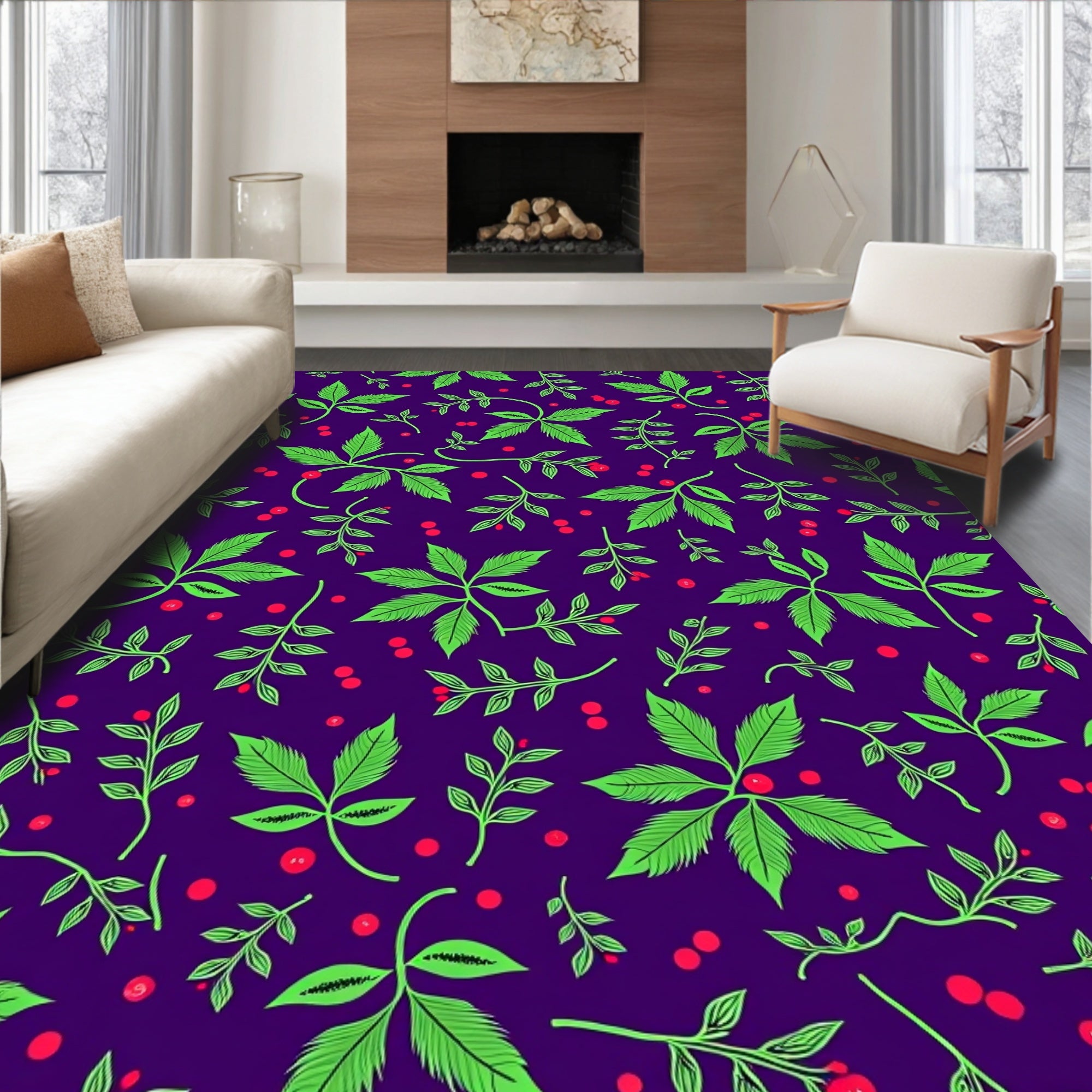 Vibrant Green Foliage With Red Berries Rug