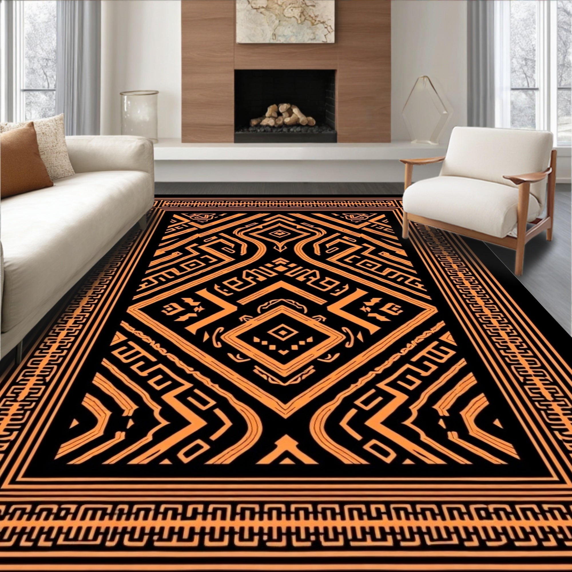 Bold Black Orange Geometric Tribal Rug