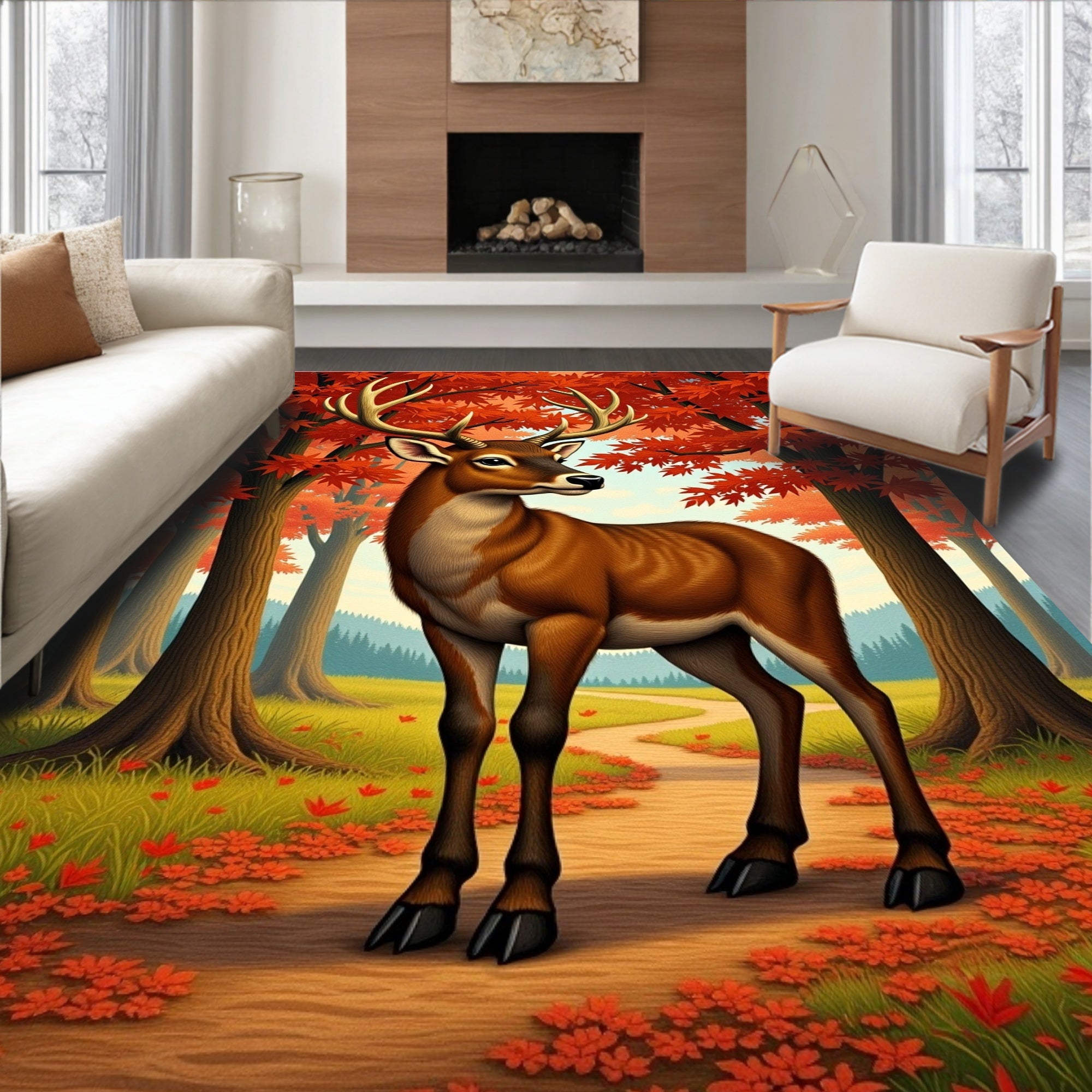 Autumn Deer Woodland Scene Rug