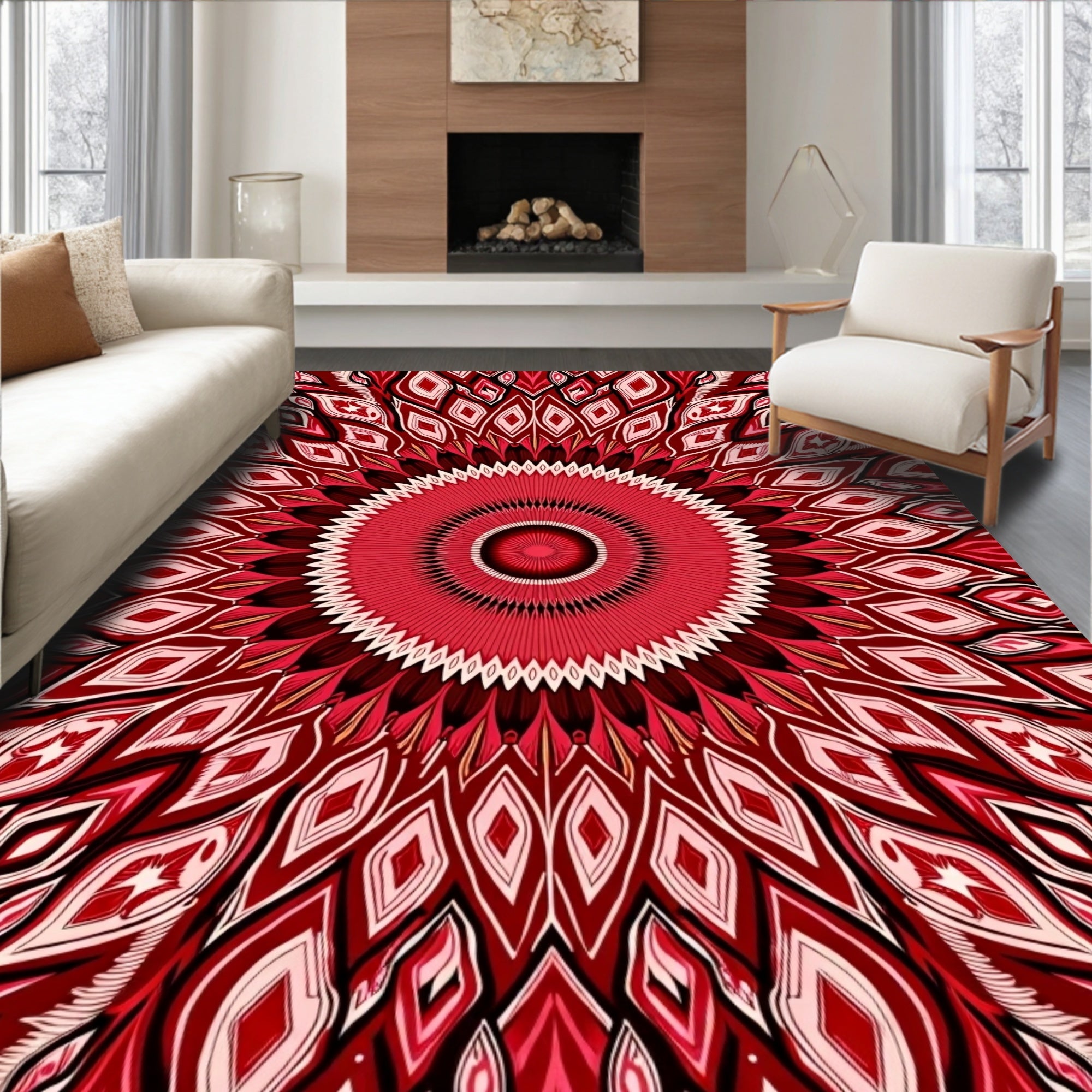 Radiant Crimson Mandala Pattern Rug
